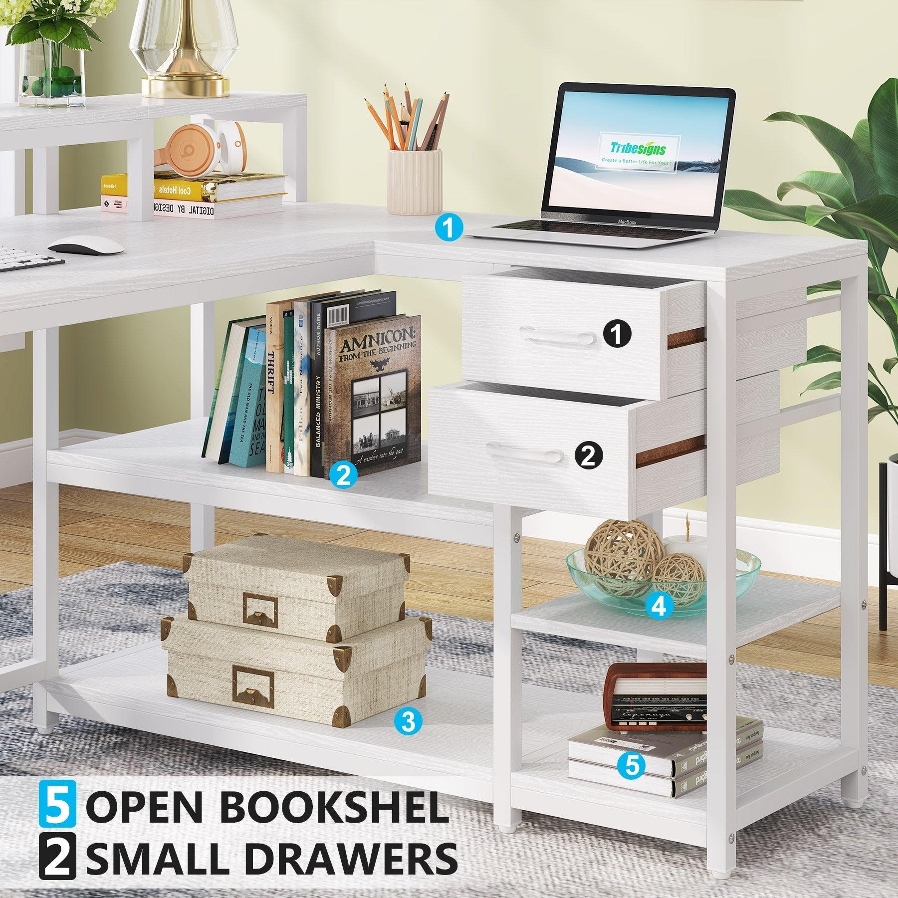 Bureau en L avec tiroir, bureau d'angle avec étagères de rangement et support d'écran, bureau PC rustique pour petits espaces