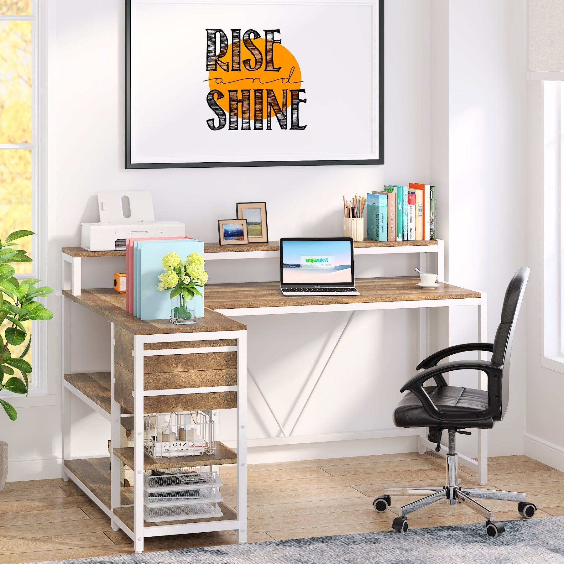 Bureau en L avec tiroir, bureau d'angle avec étagères de rangement et support d'écran, bureau PC rustique pour petits espaces