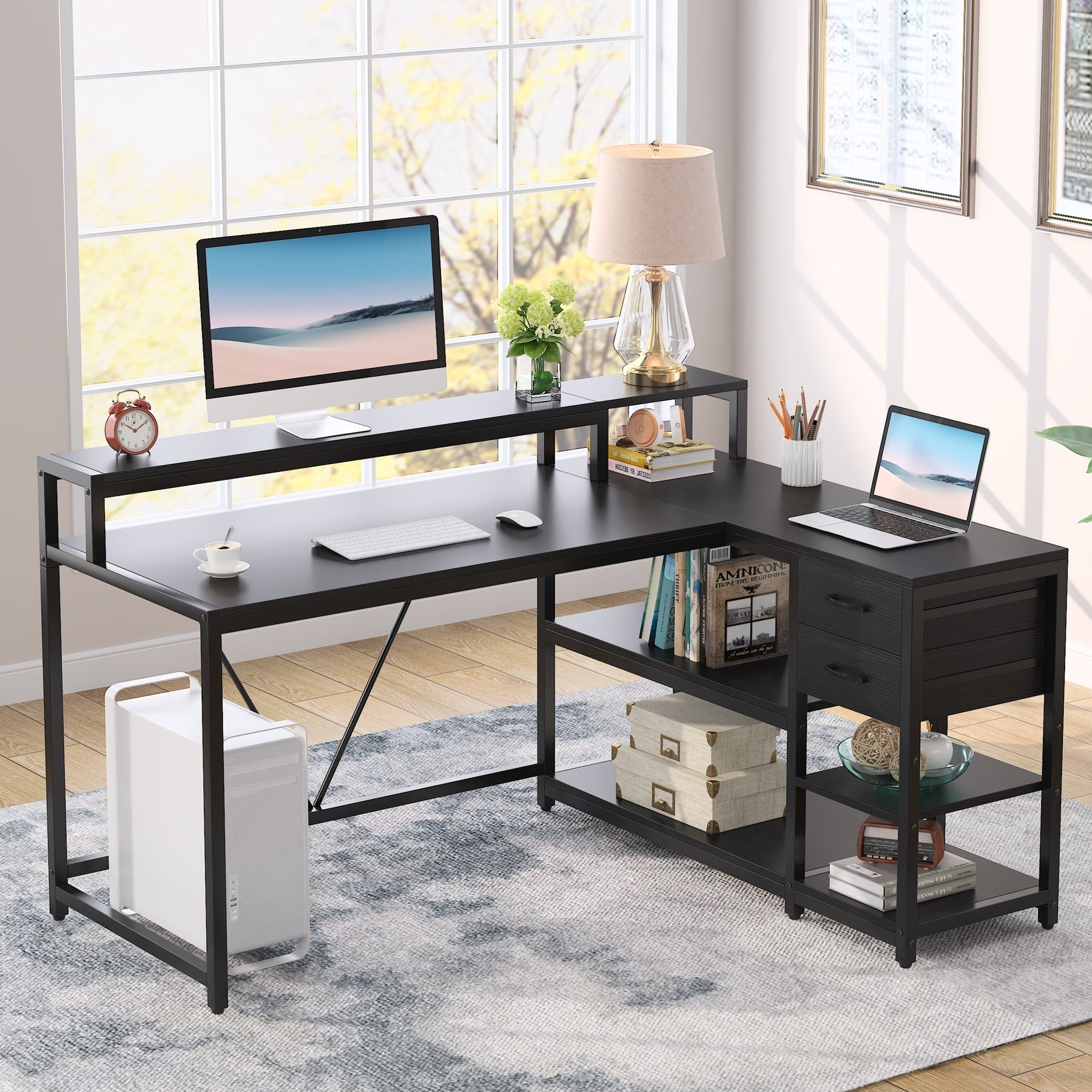 Bureau en L avec tiroir, bureau d'angle avec étagères de rangement et support d'écran, bureau PC rustique pour petits espaces
