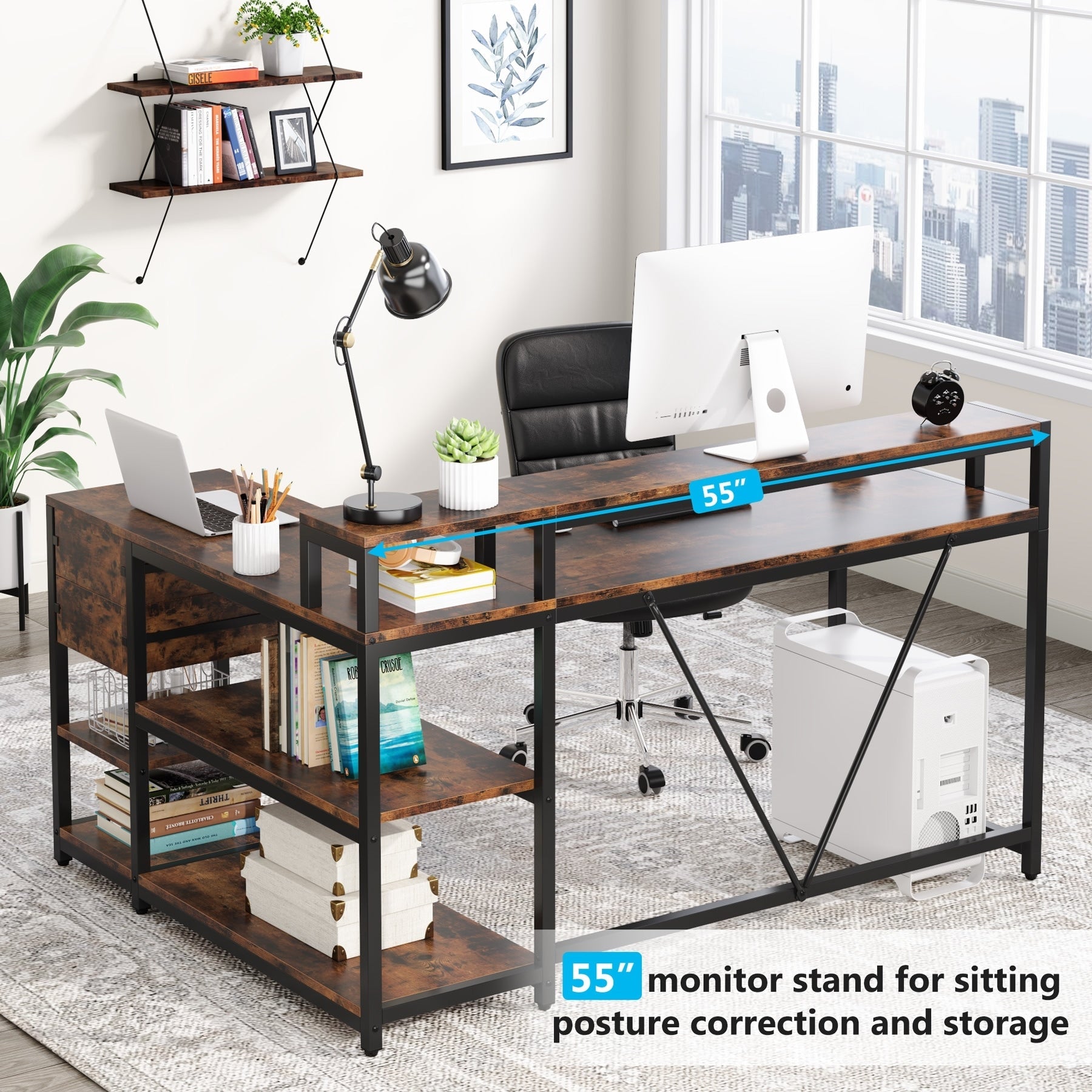 Bureau en L avec tiroir, bureau d'angle avec étagères de rangement et support d'écran, bureau PC rustique pour petits espaces