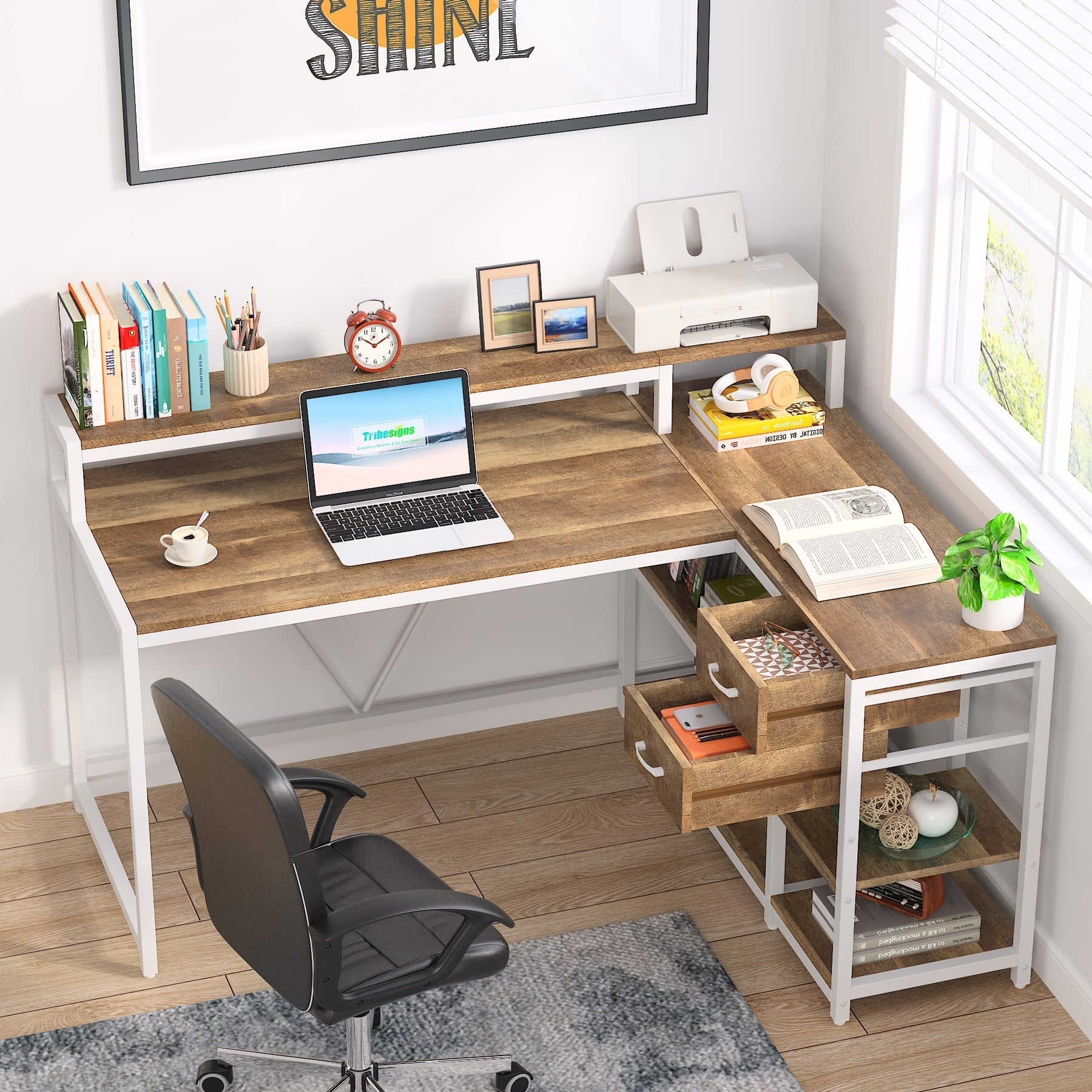 Bureau en L avec tiroir, bureau d'angle avec étagères de rangement et support d'écran, bureau PC rustique pour petits espaces