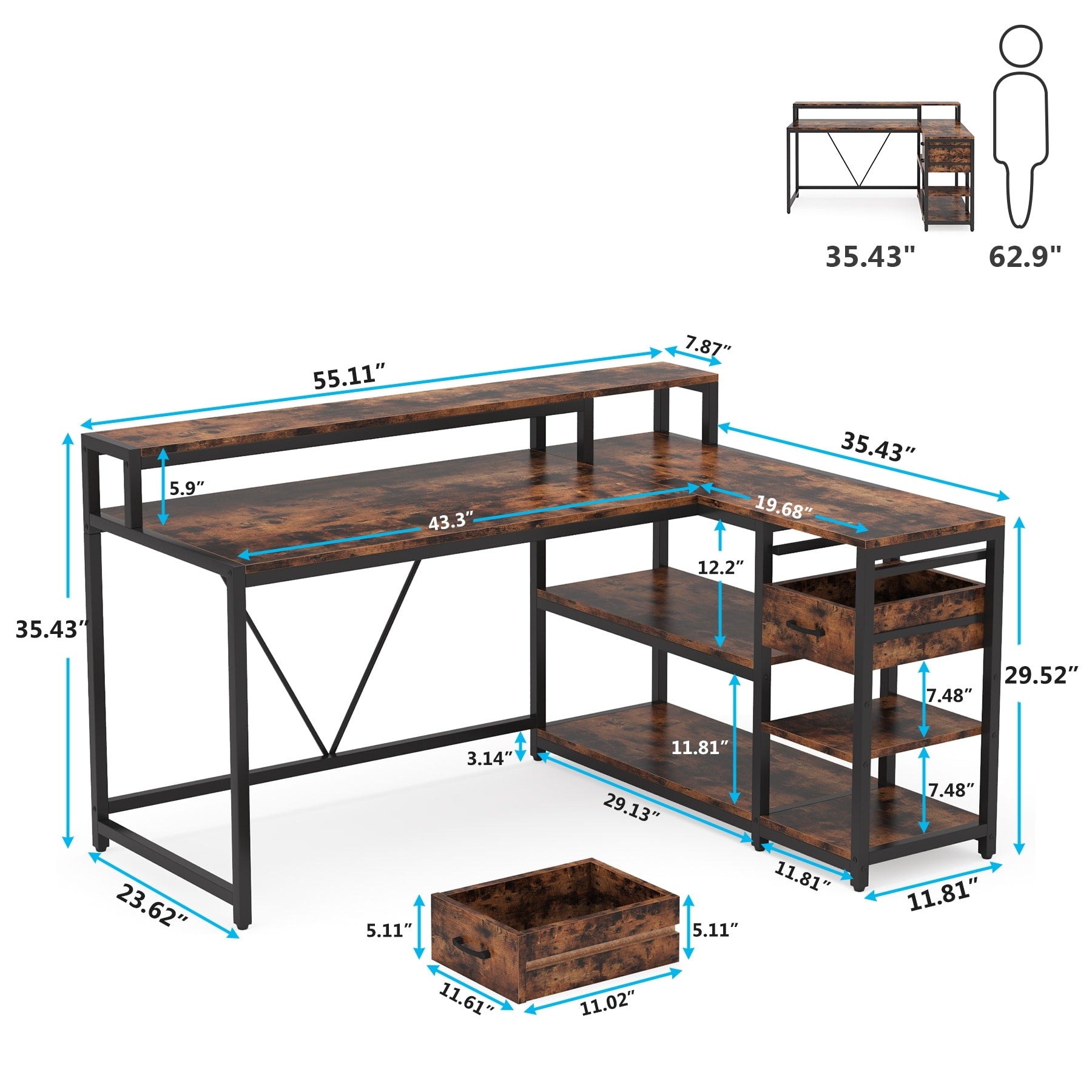 Bureau en L avec tiroir, bureau d'angle avec étagères de rangement et support d'écran, bureau PC rustique pour petits espaces