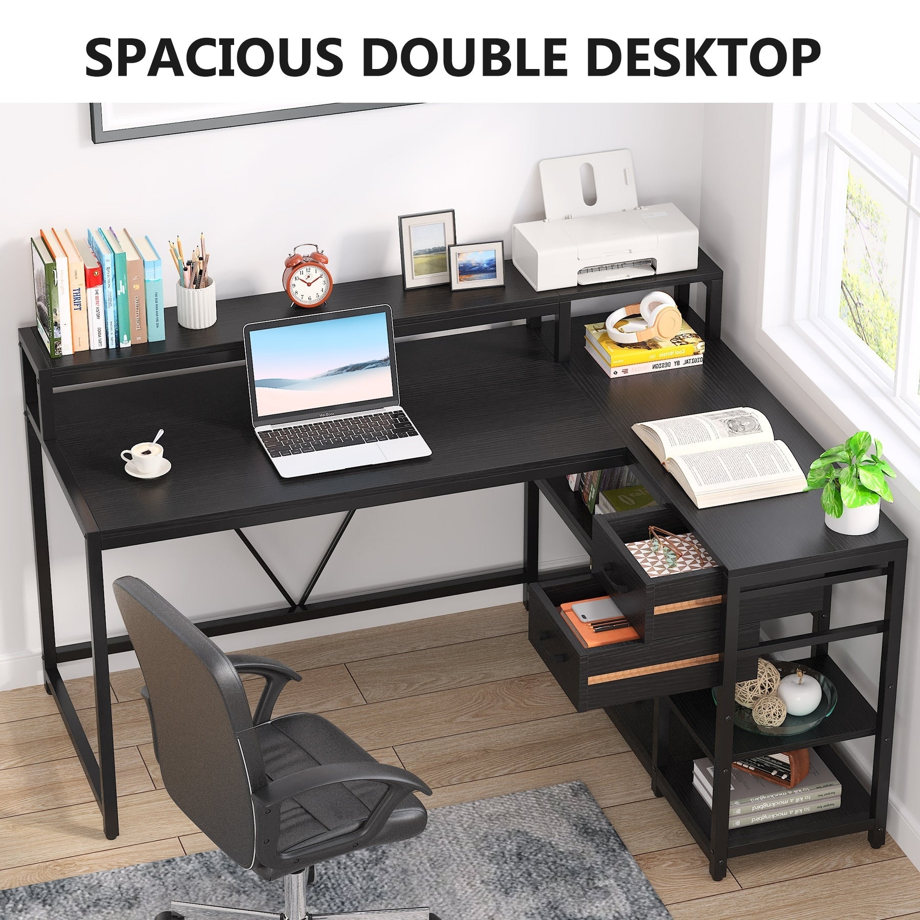Bureau en L avec tiroir, bureau d'angle avec étagères de rangement et support d'écran, bureau PC rustique pour petits espaces