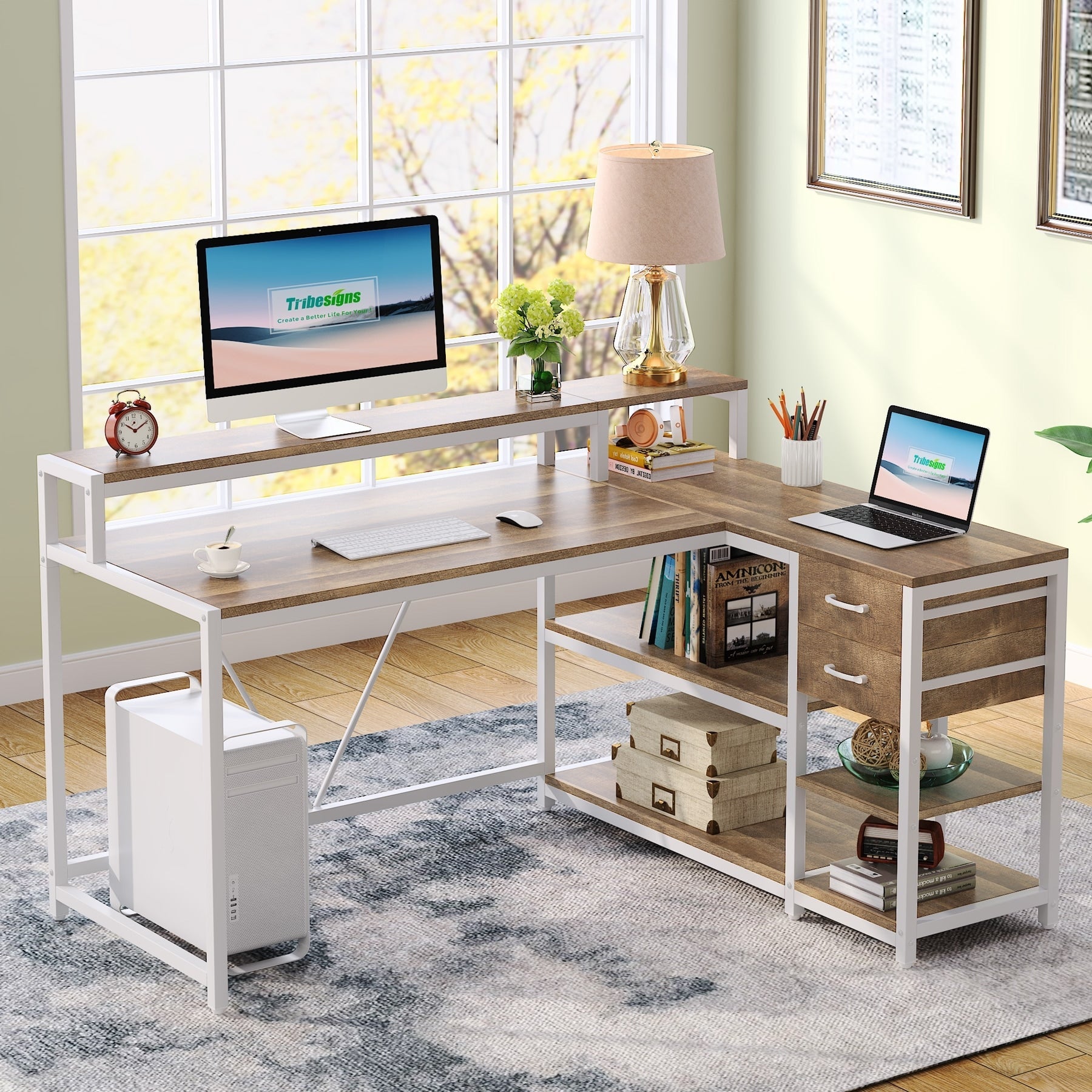 Bureau en L avec tiroir, bureau d'angle avec étagères de rangement et support d'écran, bureau PC rustique pour petits espaces
