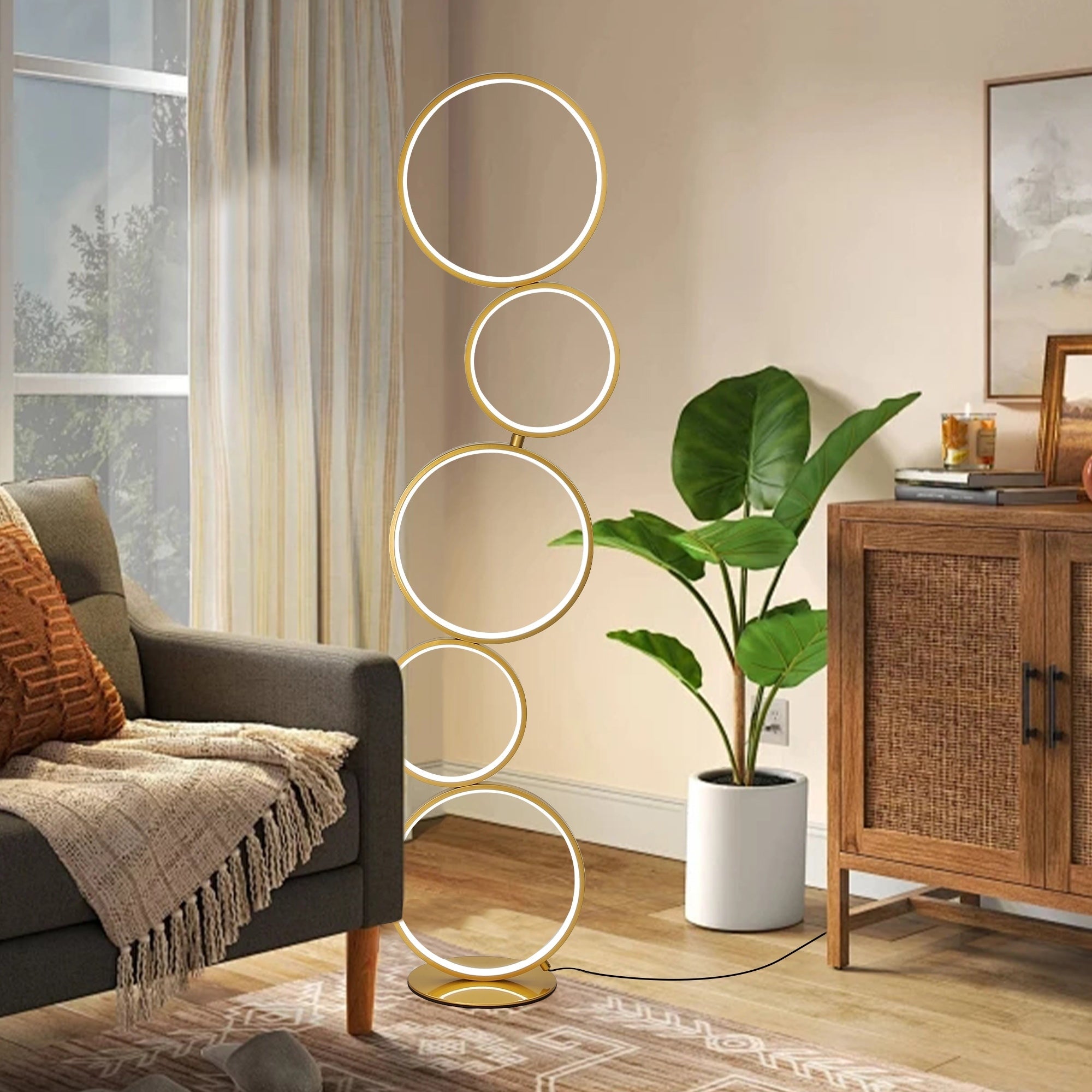 Lampadaire LED moderne à intensité variable, lampe d'angle lumineuse à 3 voies avec 5 anneaux pour salon