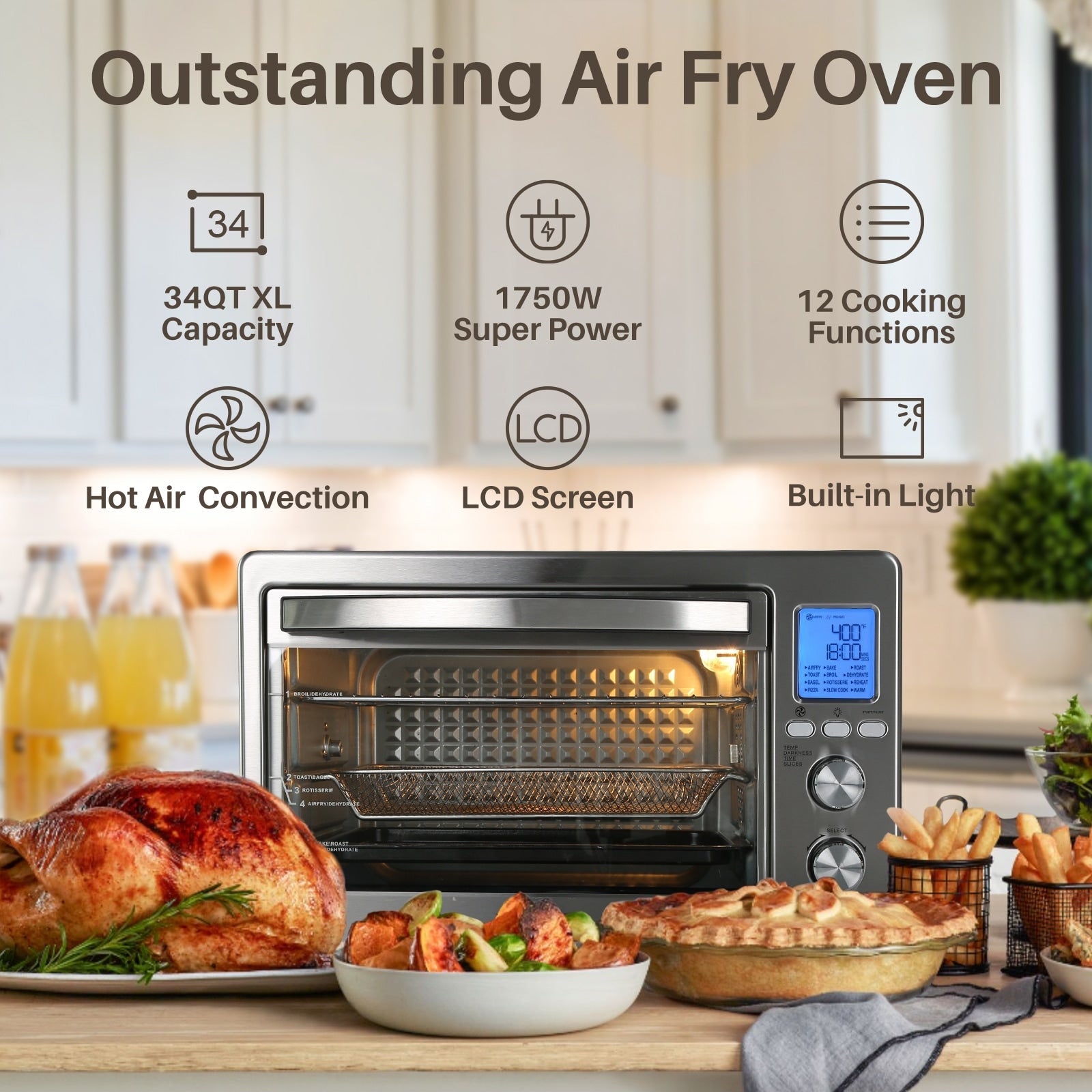 Four grille-pain de comptoir LNC 12 en 1 de grande capacité (34 pintes), convection, rôtissoire et friteuse à air - 19,5 L x 15 l x 12,5 H