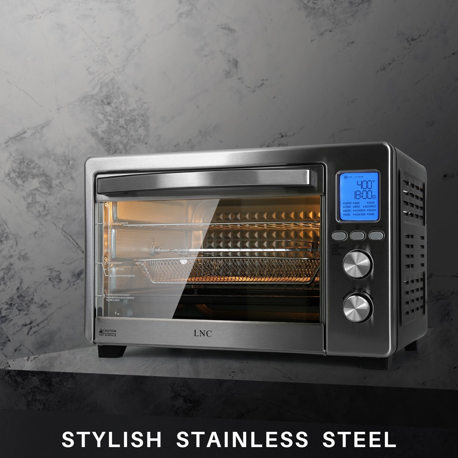 Four grille-pain de comptoir LNC 12 en 1 de grande capacité (34 pintes), convection, rôtissoire et friteuse à air - 19,5 L x 15 l x 12,5 H
