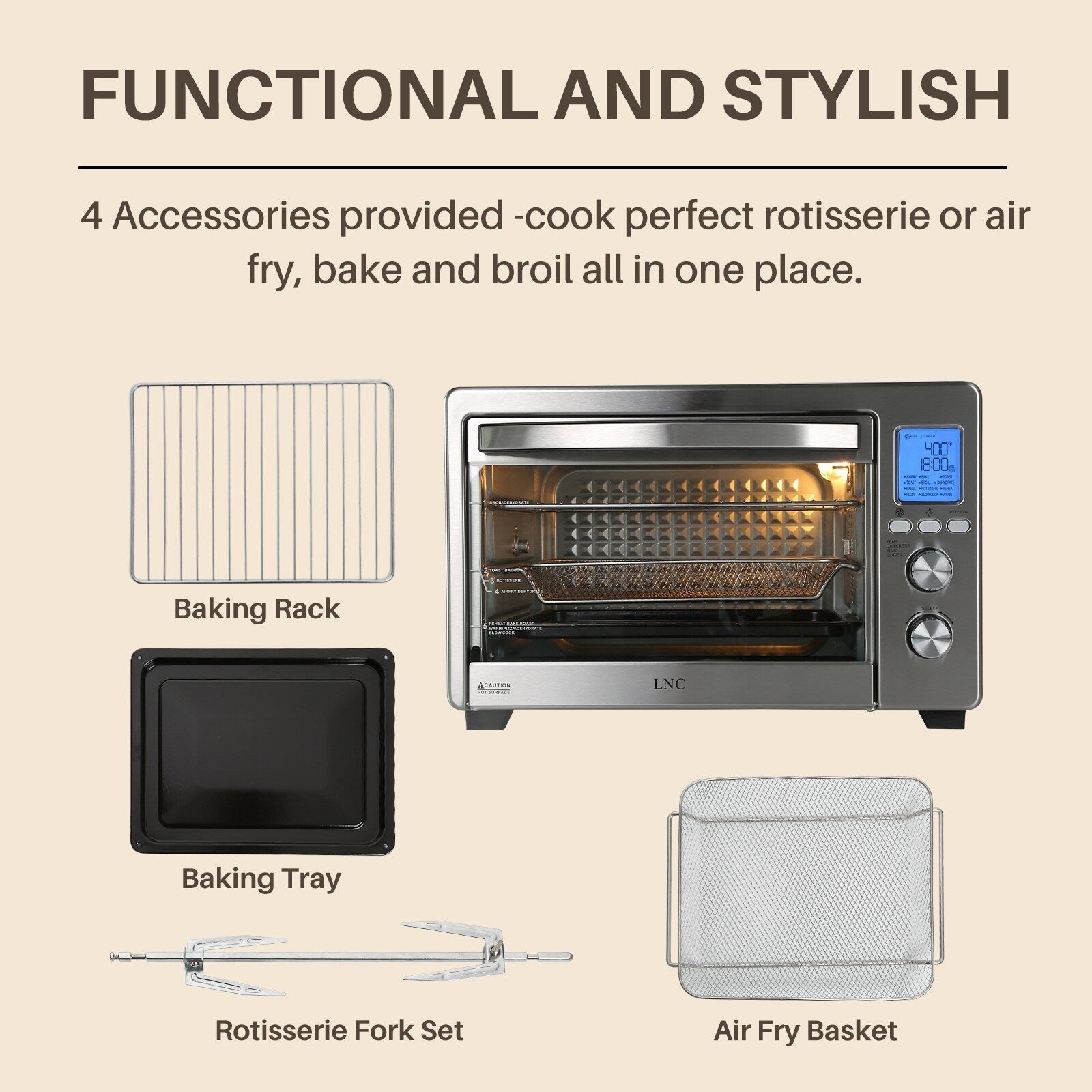 Four grille-pain de comptoir LNC 12 en 1 de grande capacité (34 pintes), convection, rôtissoire et friteuse à air - 19,5 L x 15 l x 12,5 H