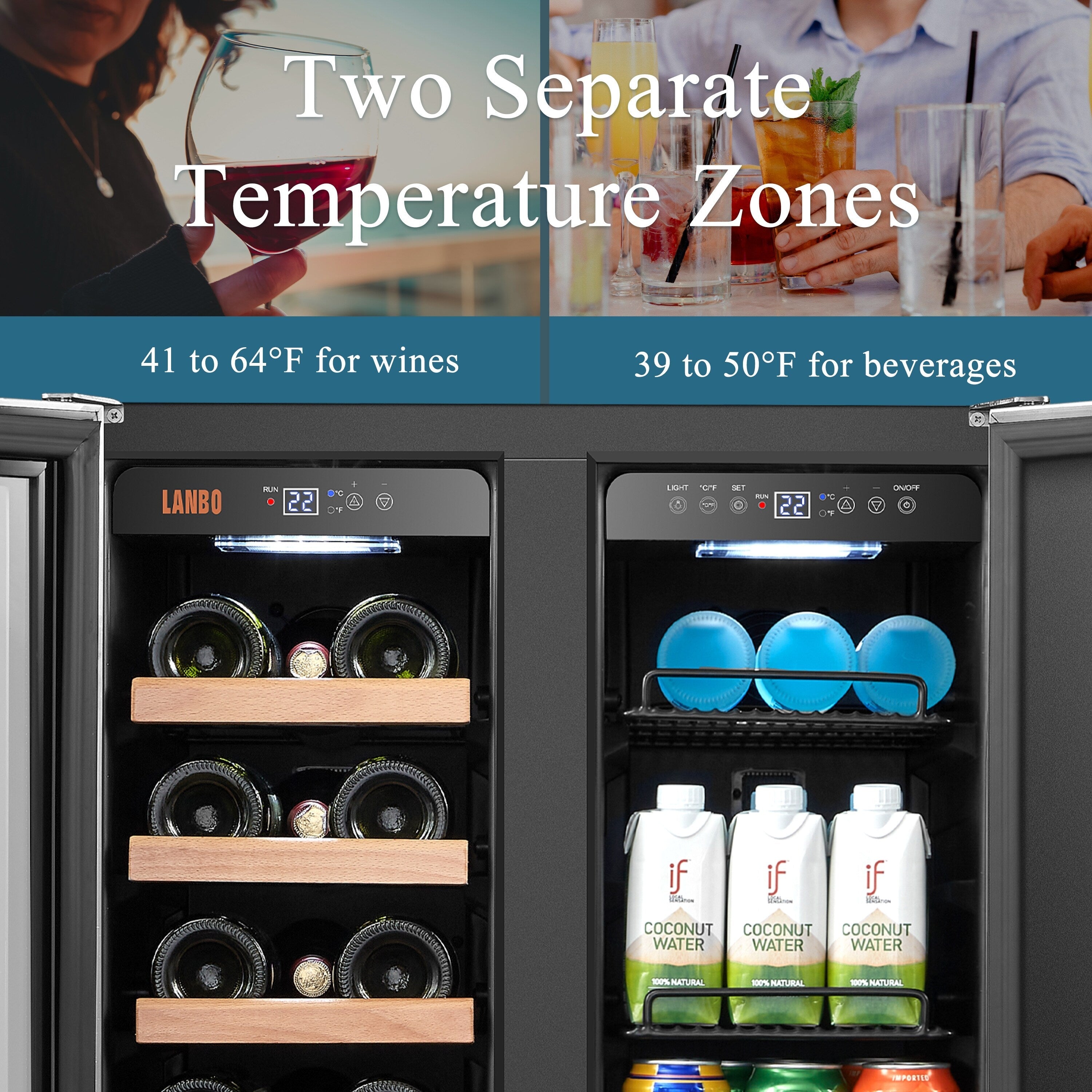 Réfrigérateur Lanbo 24 pouces à double zone, 18 bouteilles de vin et 55 canettes de boissons, en acier inoxydable et verre, avec porte française