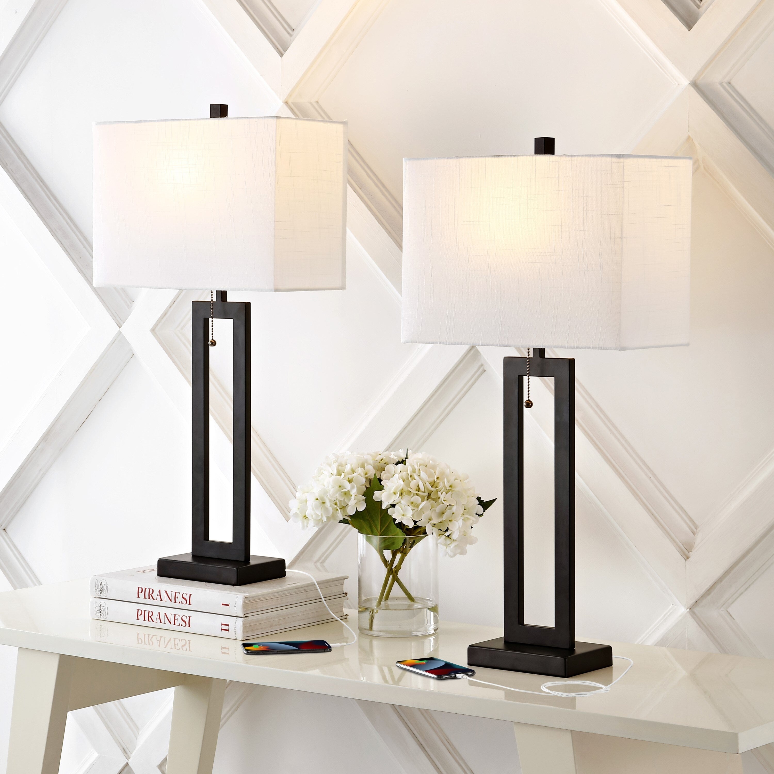 Lampe de table LED industrielle vintage Lucie 28,5 cm avec chaînette et port de chargement USB (lot de 2) par JONATHAN Y