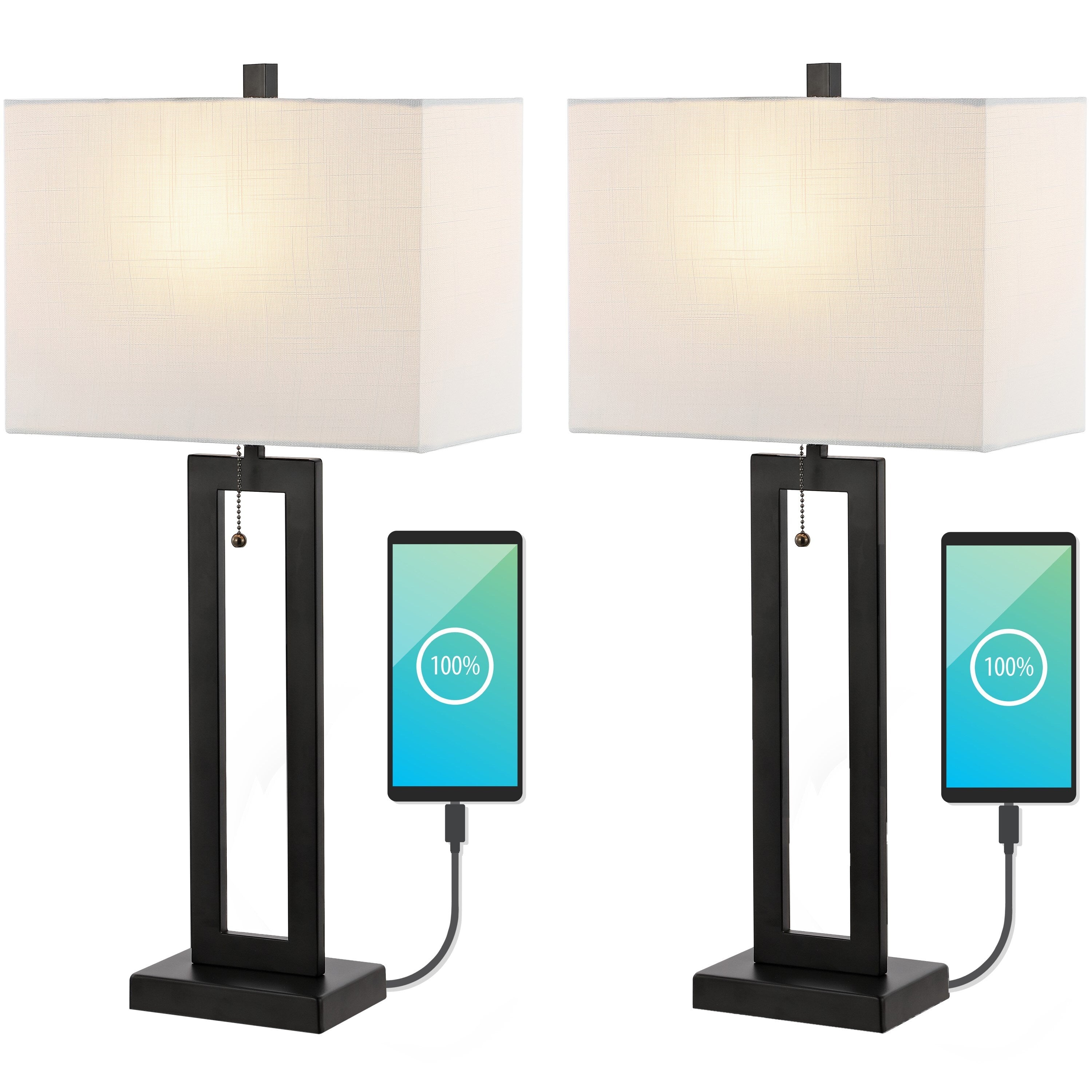 Lampe de table LED industrielle vintage Lucie 28,5 cm avec chaînette et port de chargement USB (lot de 2) par JONATHAN Y