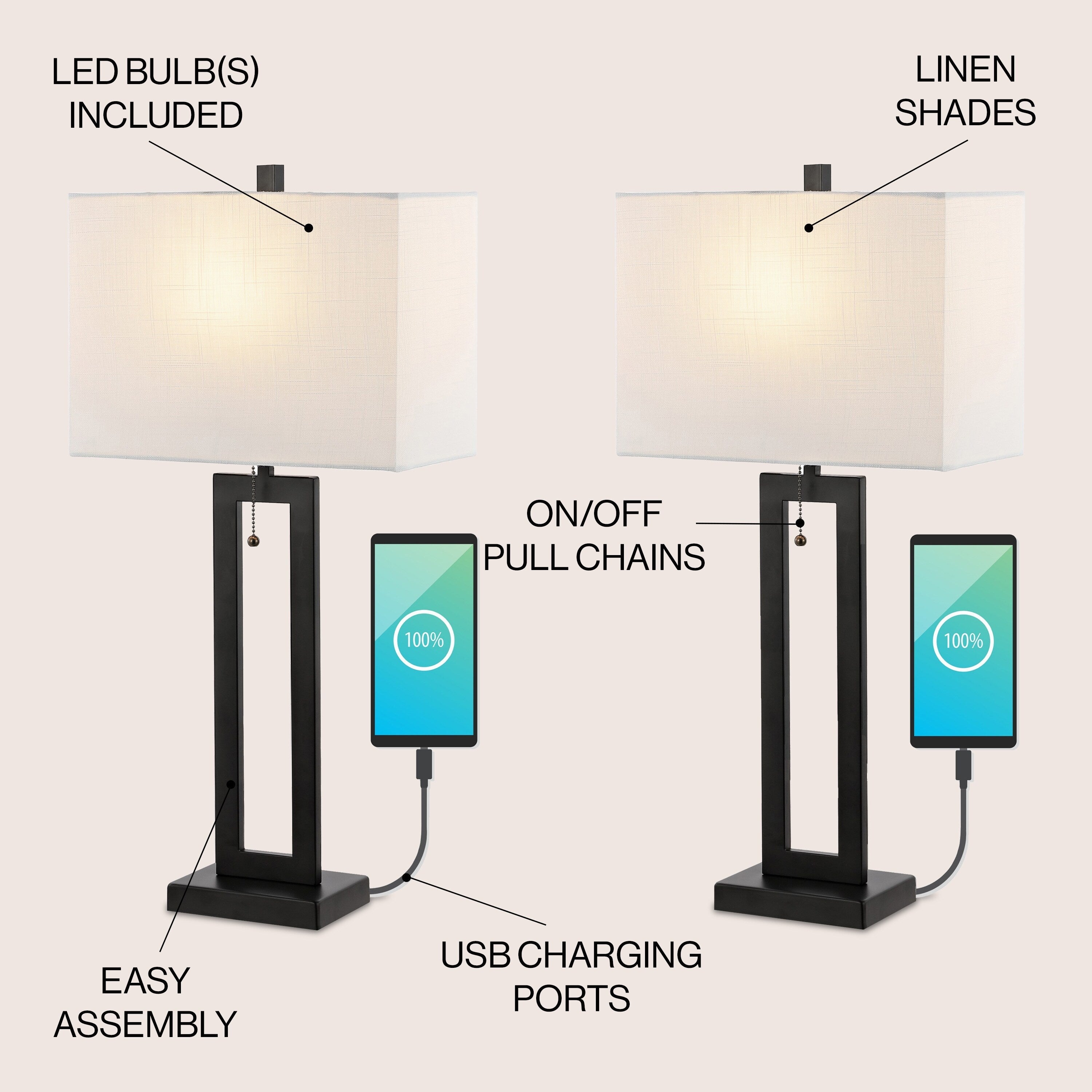 Lampe de table LED industrielle vintage Lucie 28,5 cm avec chaînette et port de chargement USB (lot de 2) par JONATHAN Y