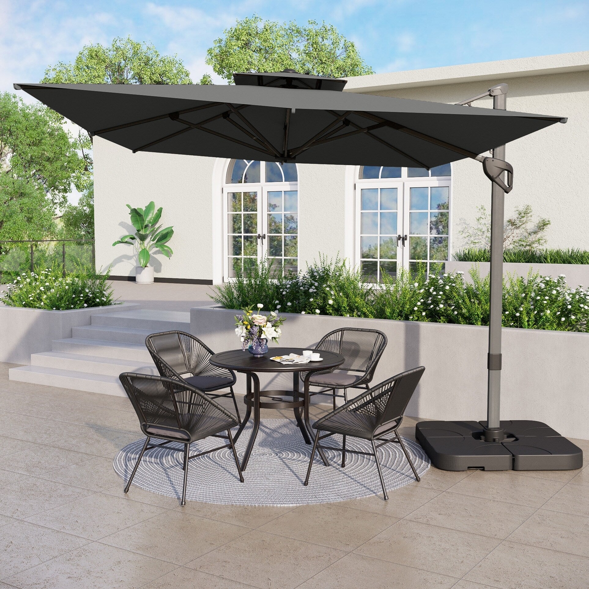 MAISON ARTS Parasol déporté hydraulique automatique de 12 pieds avec mât en aluminium et rotation à 360 degrés