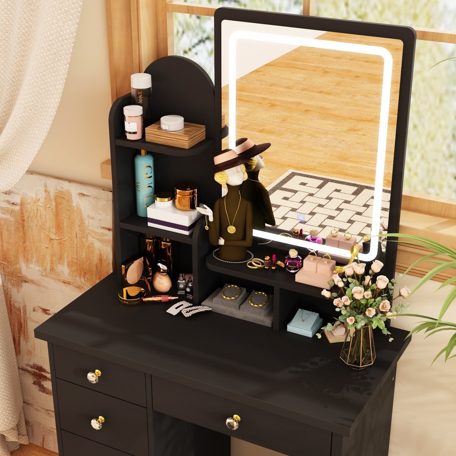 Coiffeuse avec éclairage LED, miroir et tabouret