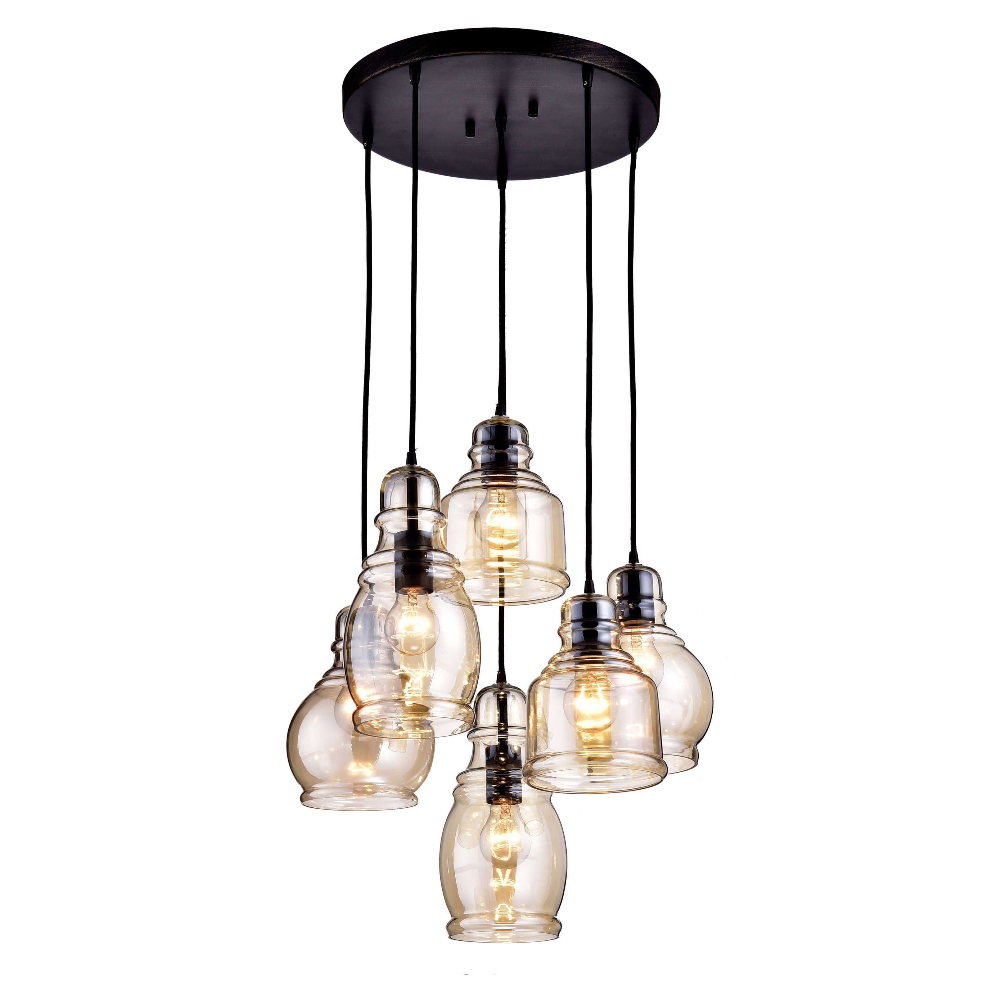 Suspension Mariana à 6 lumières en verre cognac noir antique et base ronde
