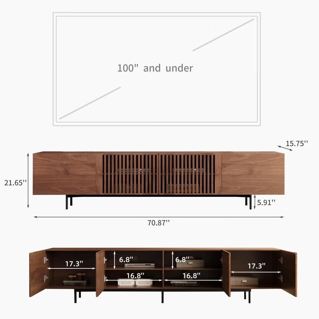 Meuble TV moderne du milieu du siècle avec 4 portes et rangements, compatible avec les téléviseurs jusqu'à 100 pouces, idéal pour le salon
