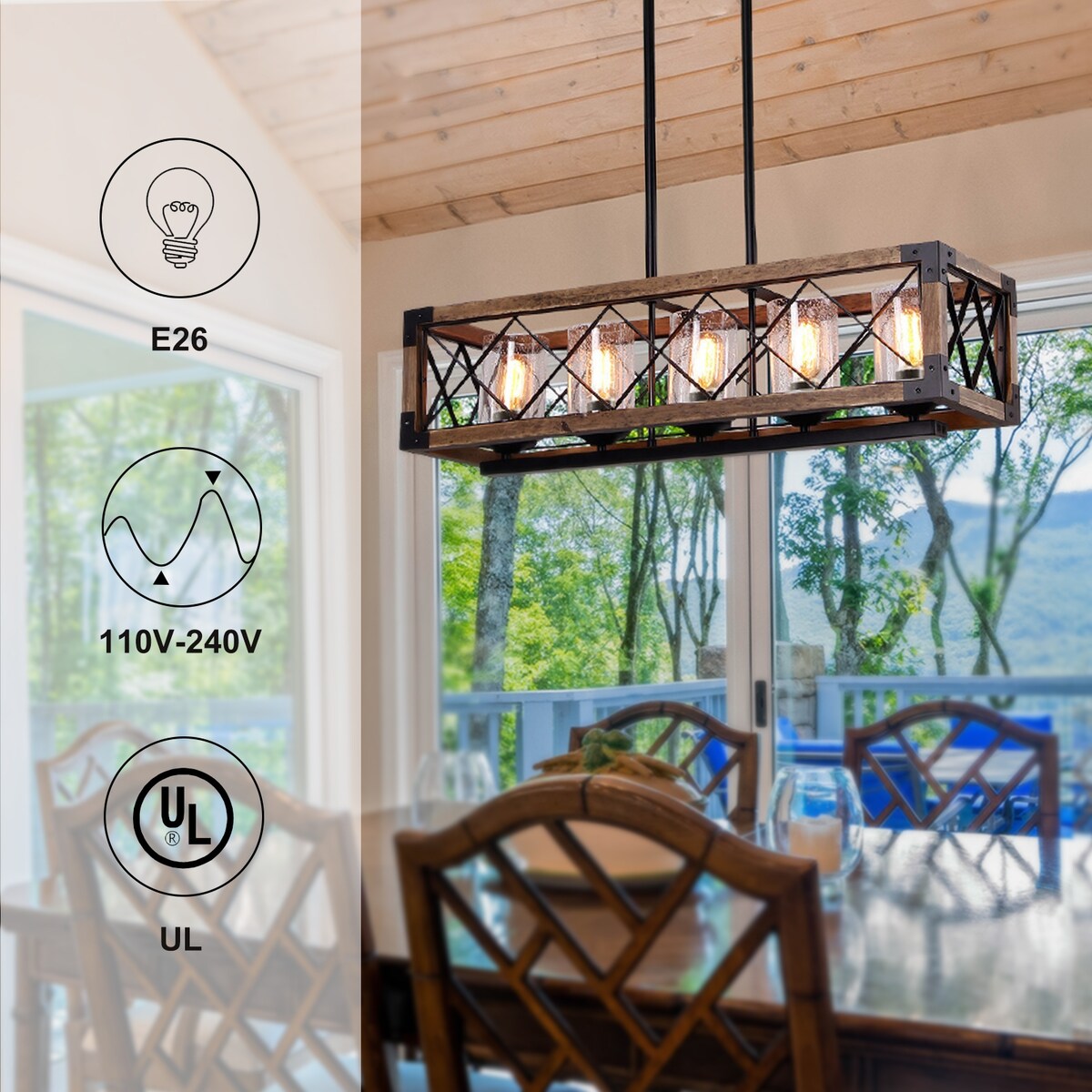 Lustre rectangulaire en bois à 5 lumières de style ferme moderne, avec verre grainé et îlot de cuisine pour salle à manger – 31,5 L x 8,75 l x 8 H