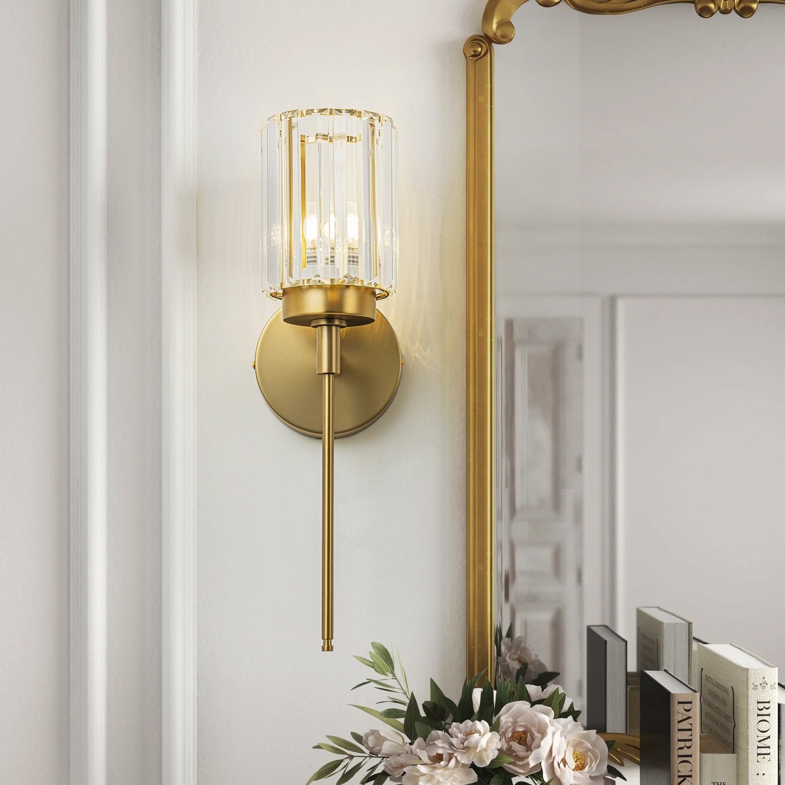 Applique murale moderne dorée à intensité variable, style cylindre glamour pour salle de bain, en cristal, pour meuble-lavabo