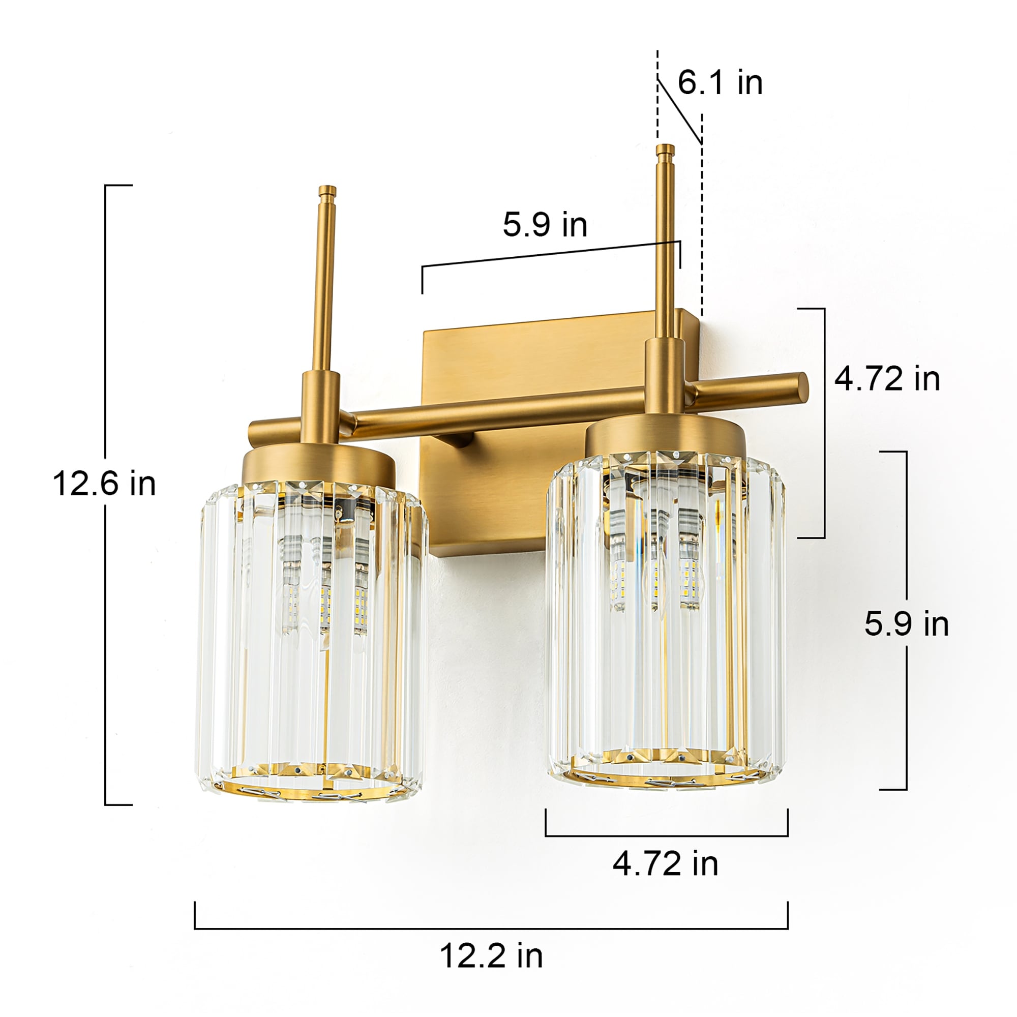 Applique murale moderne dorée à intensité variable, style cylindre glamour pour salle de bain, en cristal, pour meuble-lavabo