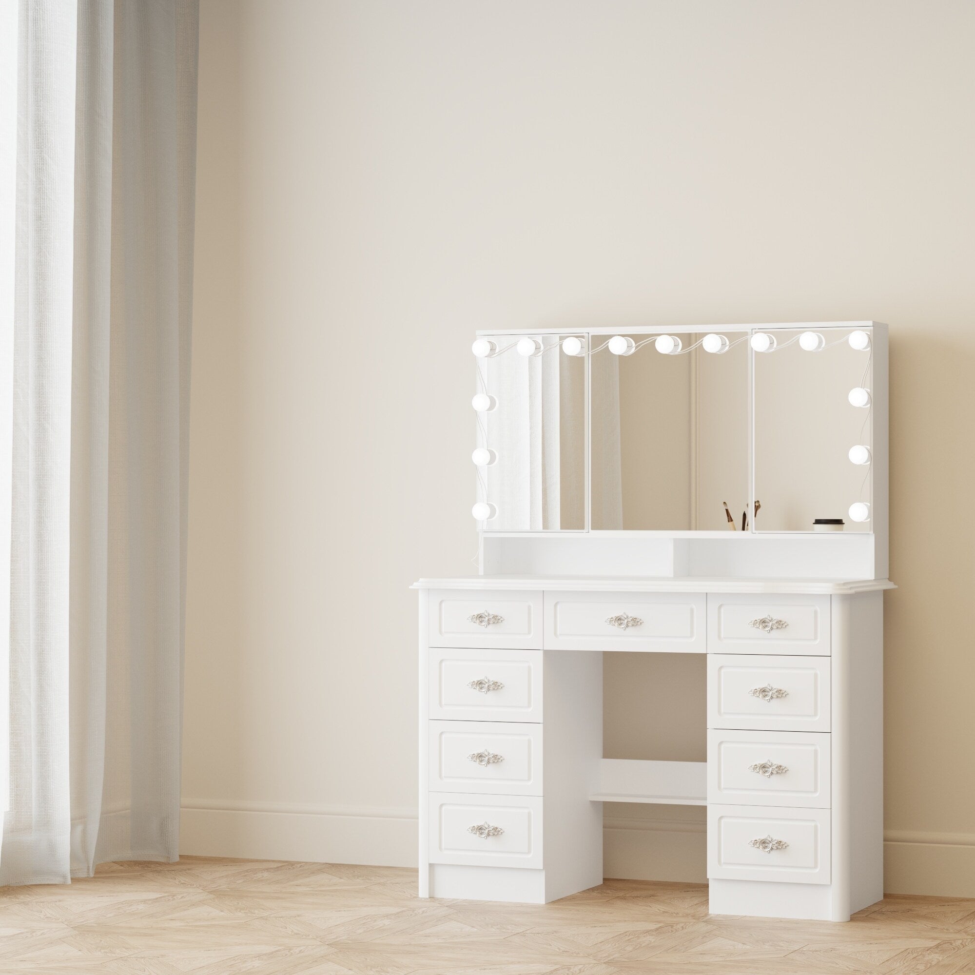 Miroir de maquillage pliable blanc moderne avec éclairage réglable - 40,2 x 54,1
