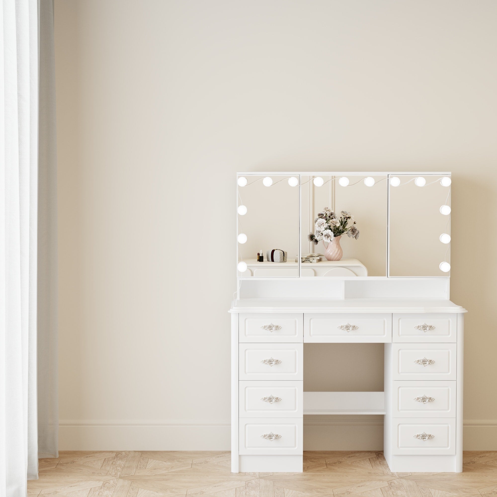 Miroir de maquillage pliable blanc moderne avec éclairage réglable - 40,2 x 54,1