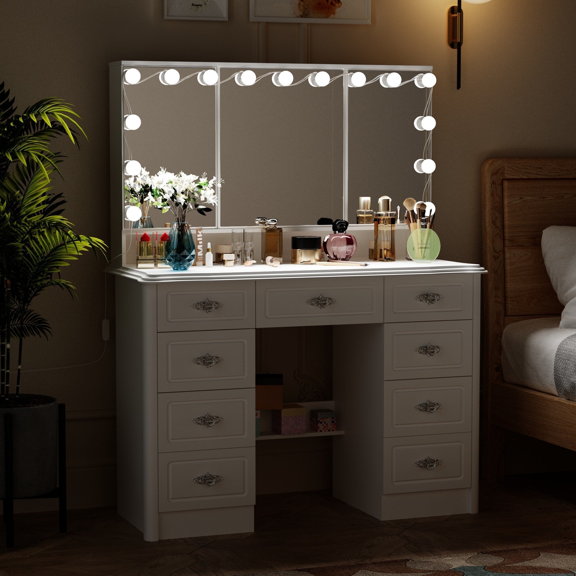 Miroir de maquillage pliable blanc moderne avec éclairage réglable - 40,2 x 54,1