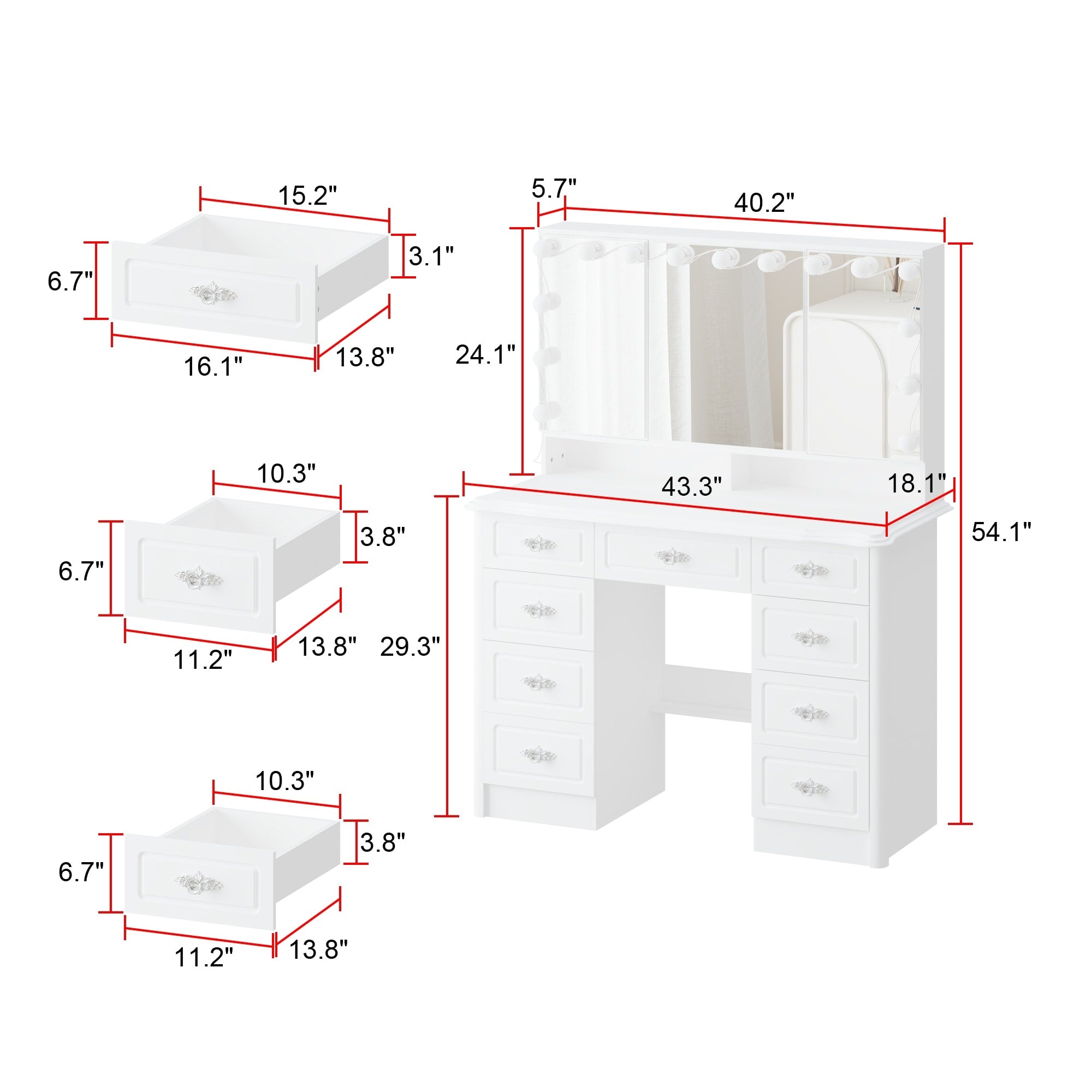 Miroir de maquillage pliable blanc moderne avec éclairage réglable - 40,2 x 54,1