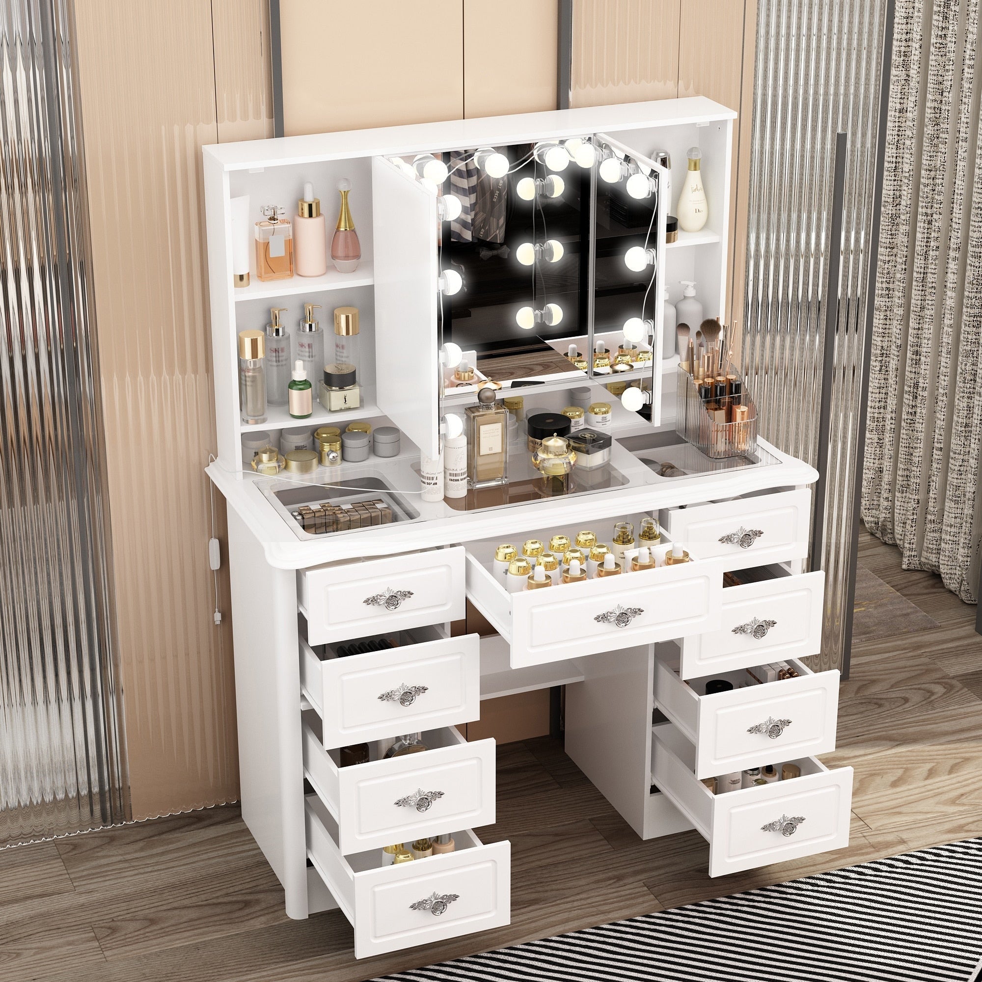 Miroir de maquillage pliable blanc moderne avec éclairage réglable - 40,2 x 54,1