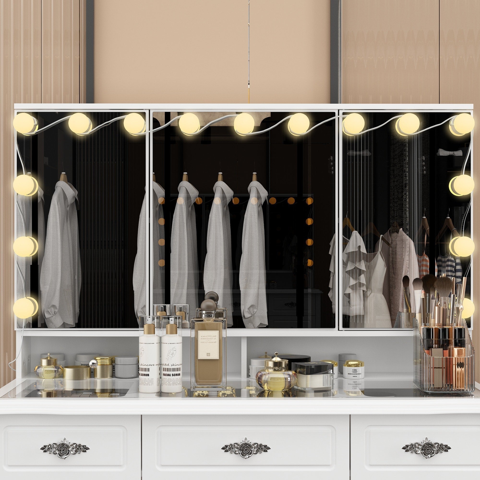 Miroir de maquillage pliable blanc moderne avec éclairage réglable - 40,2 x 54,1