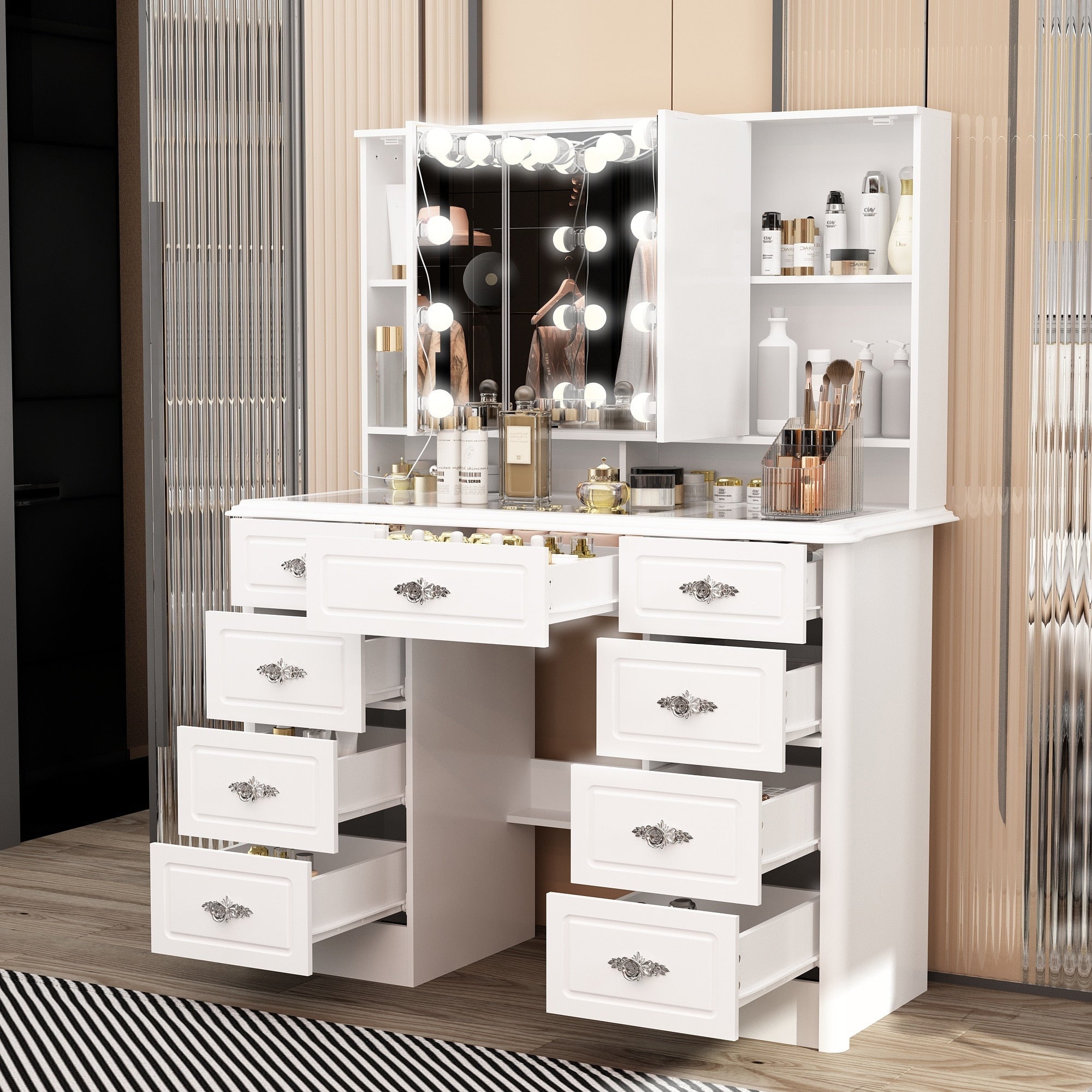 Miroir de maquillage pliable blanc moderne avec éclairage réglable - 40,2 x 54,1