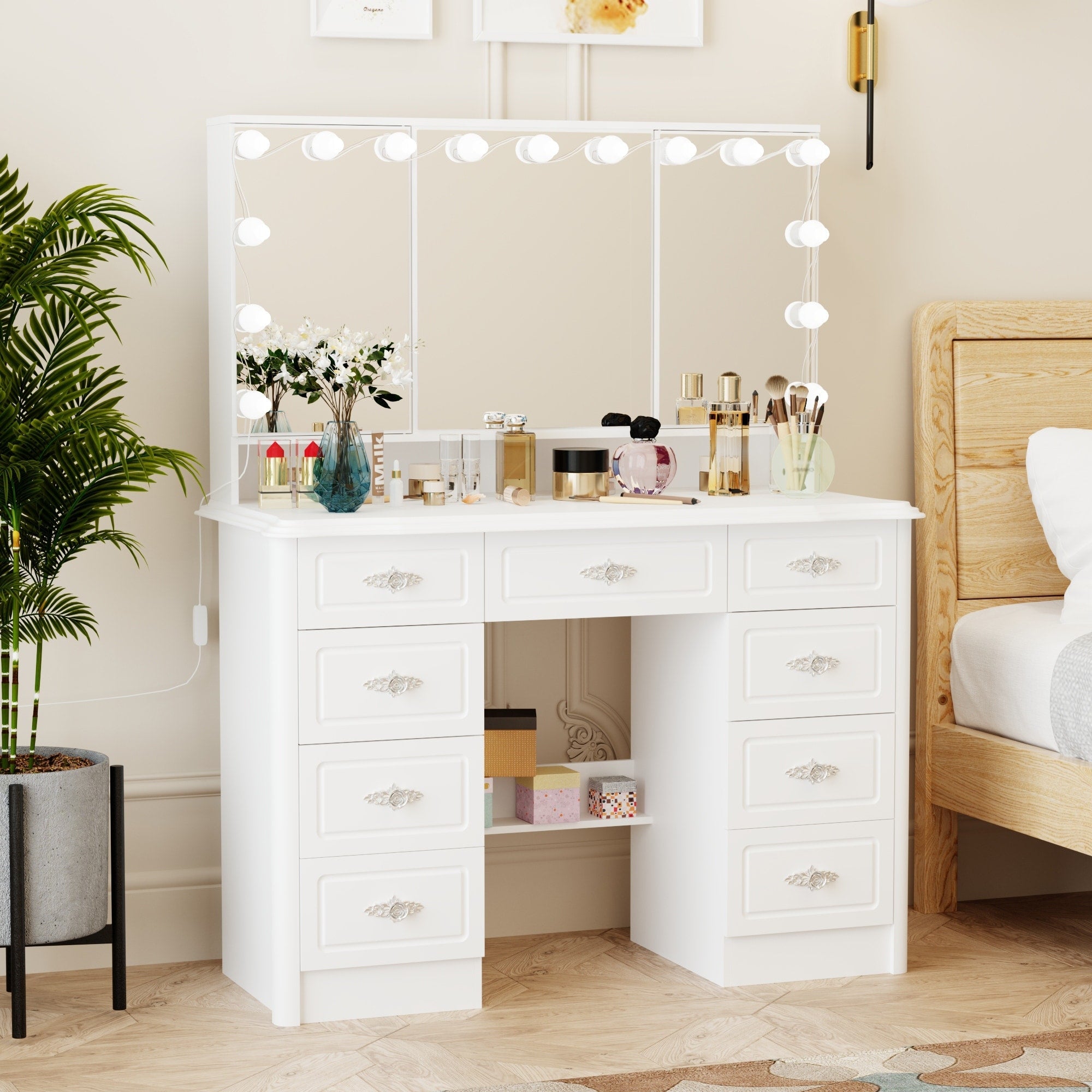 Miroir de maquillage pliable blanc moderne avec éclairage réglable - 40,2 x 54,1