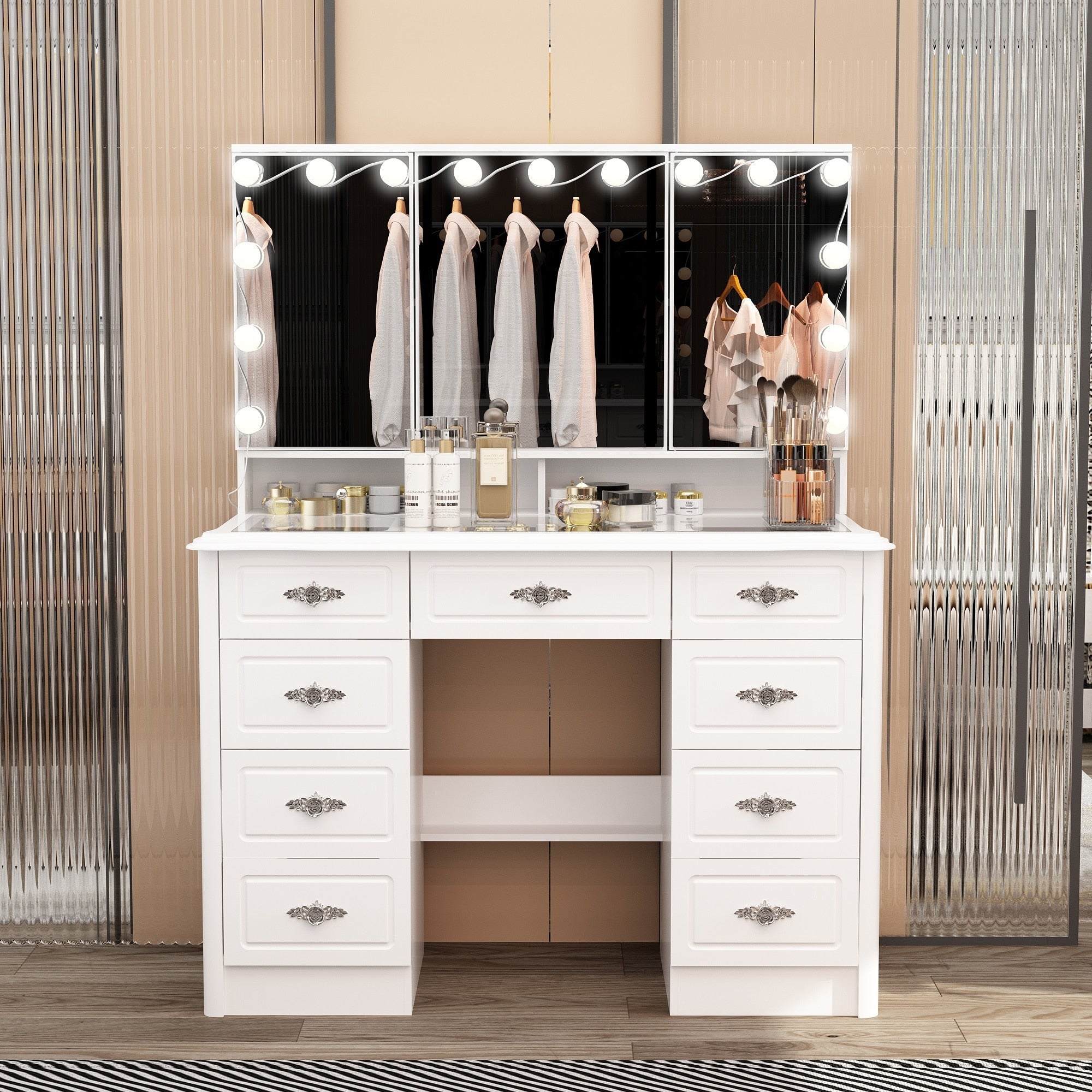 Miroir de maquillage pliable blanc moderne avec éclairage réglable - 40,2 x 54,1