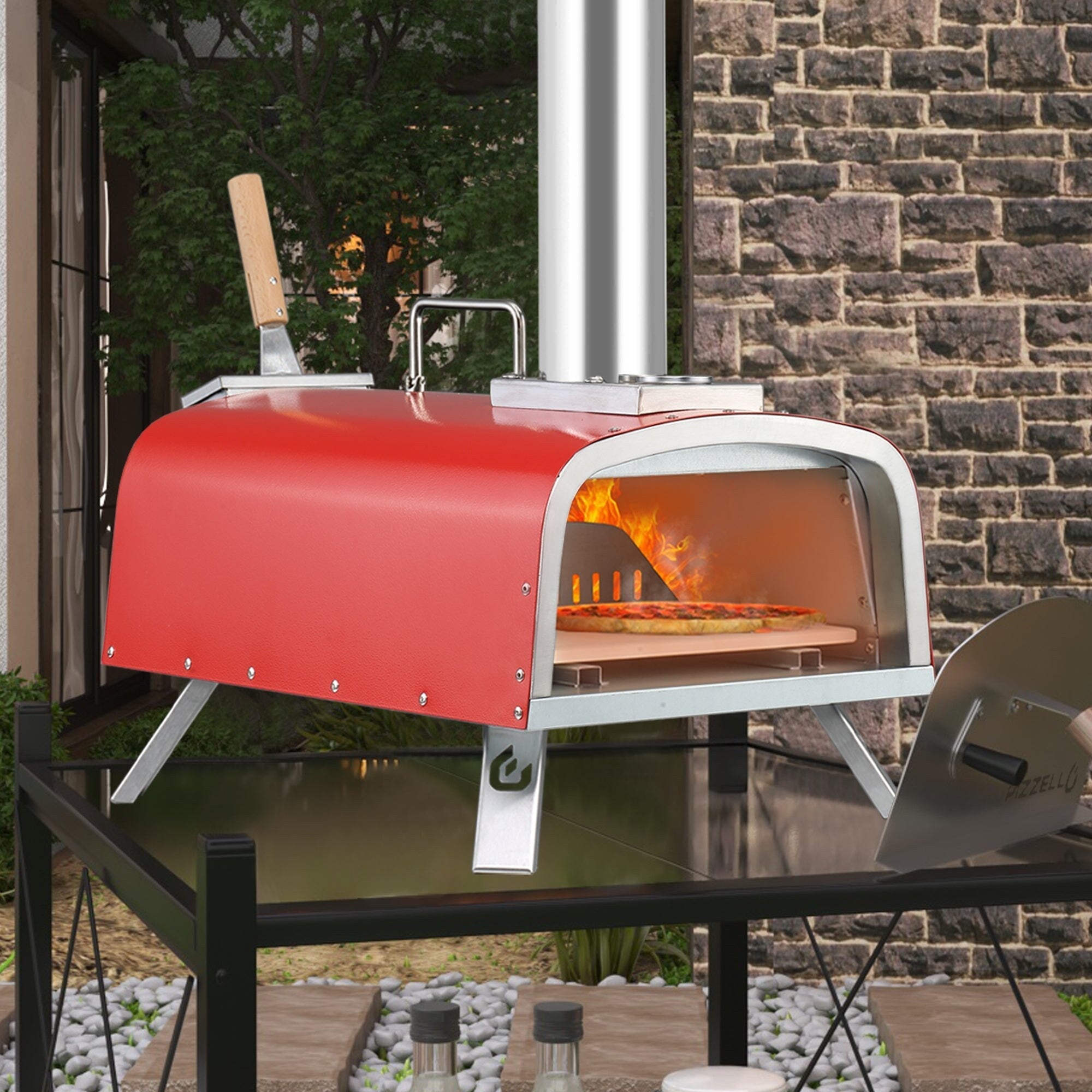Four à pizza extérieur multicombustible, machine à pizza cuite sur pierre avec brûleur à gaz et boîte à bois - 12 pouces