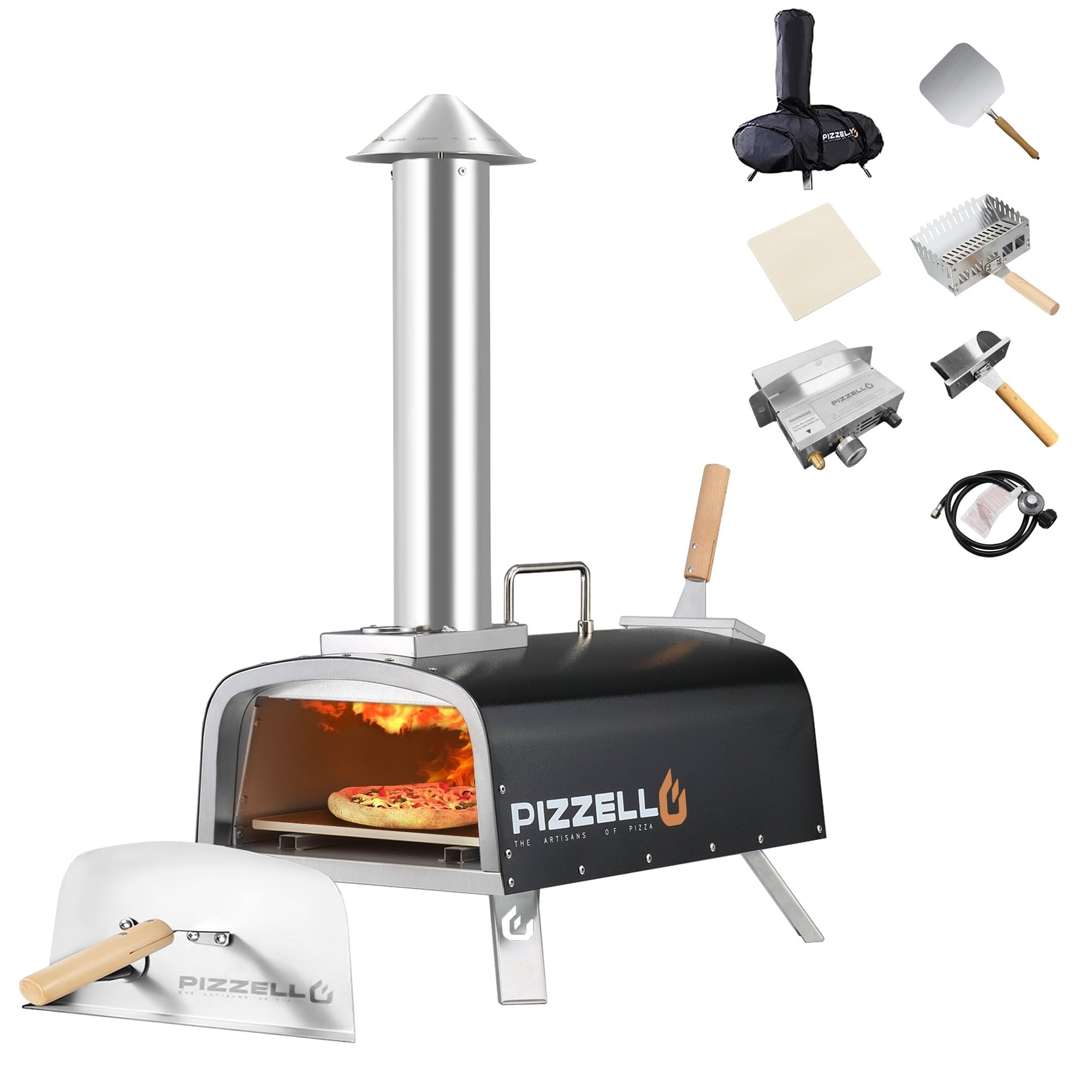 Four à pizza extérieur multicombustible, machine à pizza cuite sur pierre avec brûleur à gaz et boîte à bois - 12 pouces