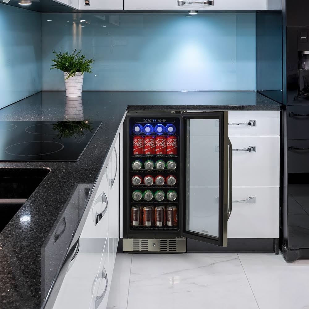 Réfrigérateur à boissons encastré Newair de 15 po, 96 canettes, en acier inoxydable, avec commandes de température et étagères réglables
