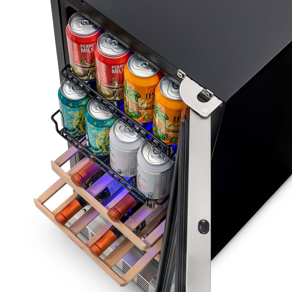 Réfrigérateur à vin et à boissons encastrable NewAir SplitShelf pour 9 bouteilles de vin et 48 canettes en acier inoxydable