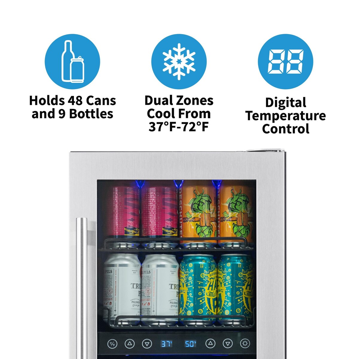 Réfrigérateur à vin et à boissons encastrable NewAir SplitShelf pour 9 bouteilles de vin et 48 canettes en acier inoxydable