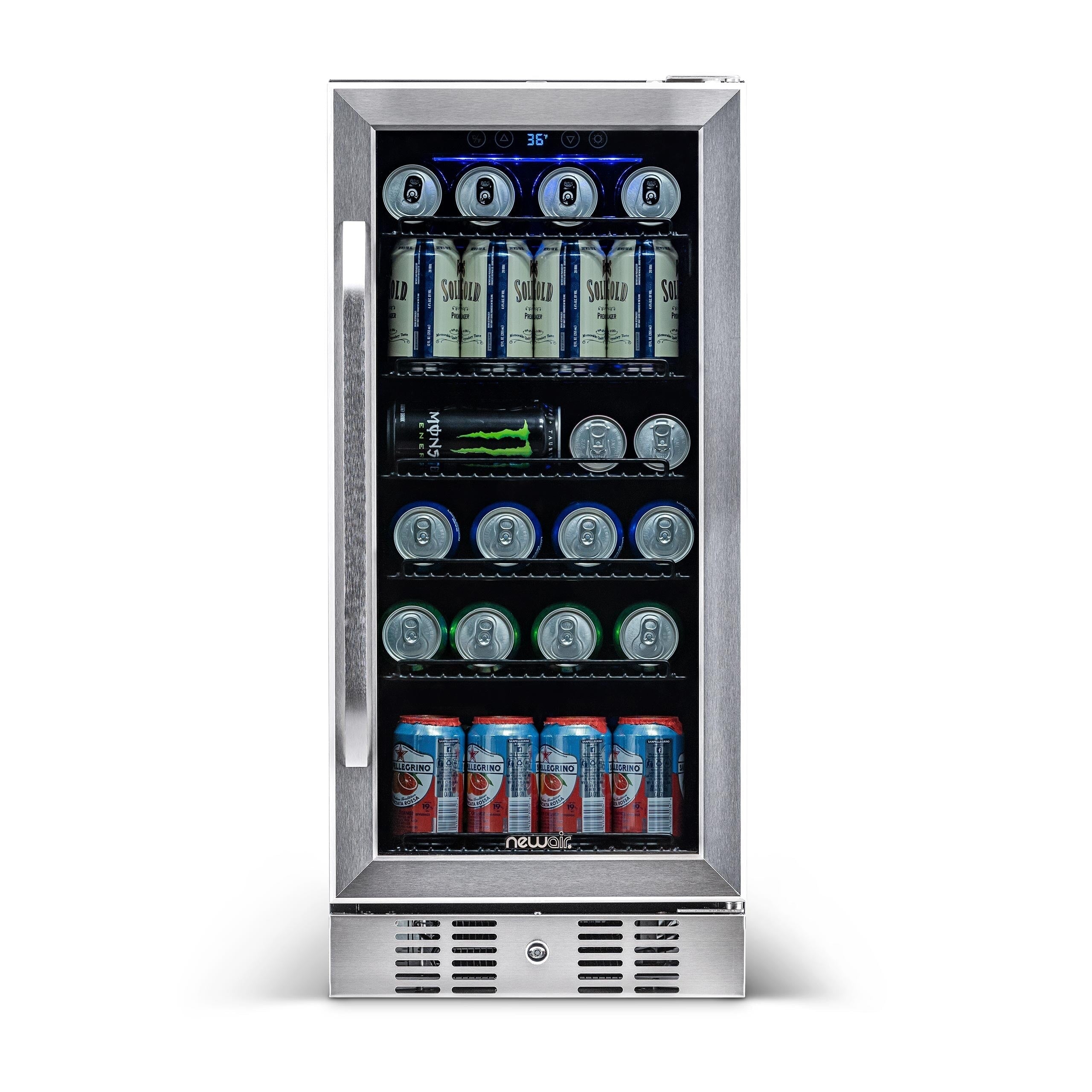 Réfrigérateur à boissons encastré Newair de 15 po, 96 canettes, en acier inoxydable, avec commandes de température et étagères réglables