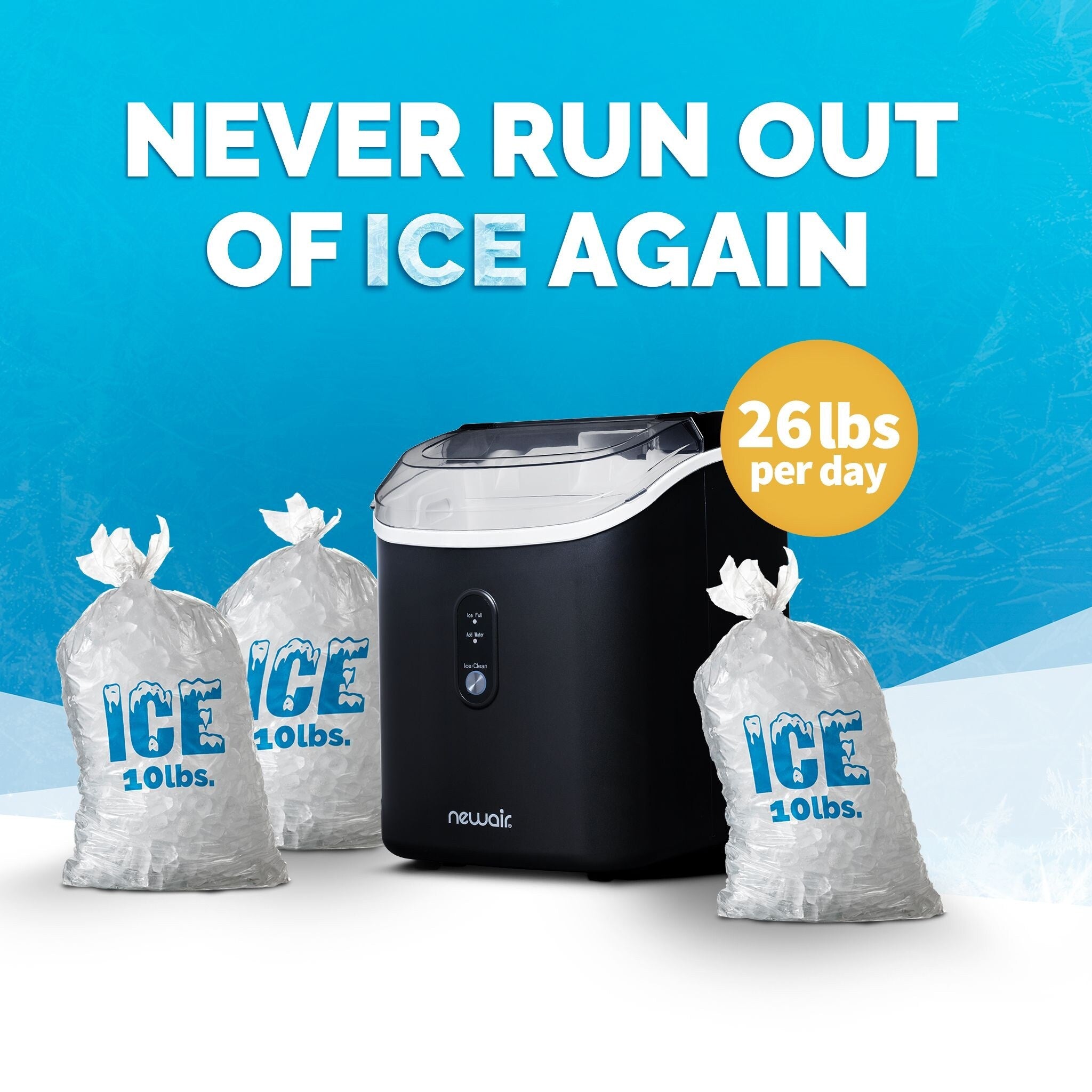 Machine à glaçons Newair de 11,8 kg (26 lb) pour comptoir, noir mat, avec fenêtre de visualisation de la glace, bouton autonettoyant et bec verseur facile à utiliser.