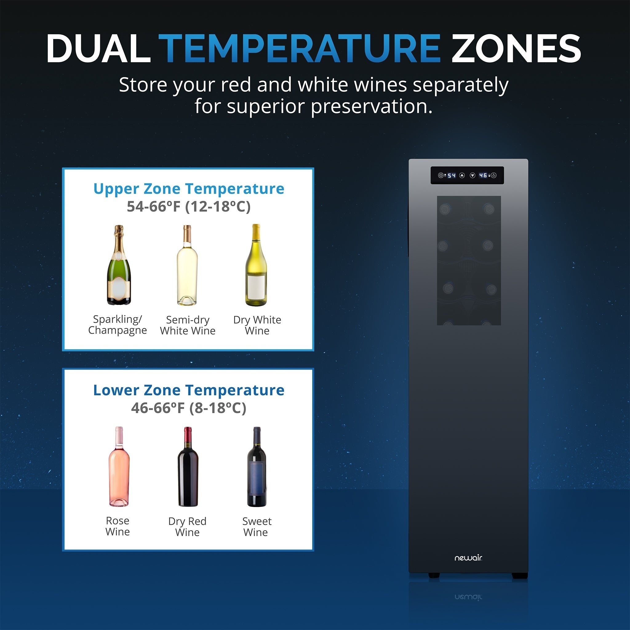 Réfrigérateur à vin Newair Shadow-T Series, 18 bouteilles, double zone de température, autonome, thermoélectrique, commande numérique