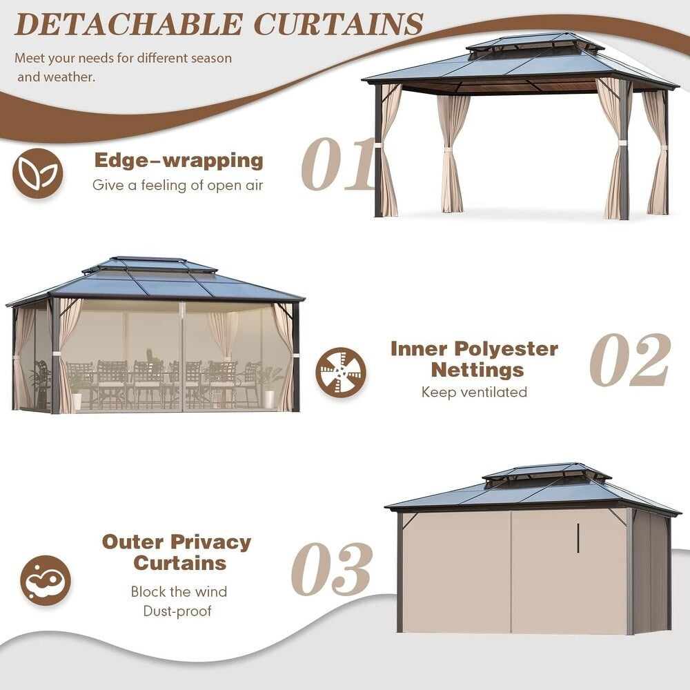 Gazebo à toit rigide EROMMY, pergola d'extérieur avec double toit, filet et rideaux, auvent robuste pour patio, arrière-cour, fête au bord de la piscine