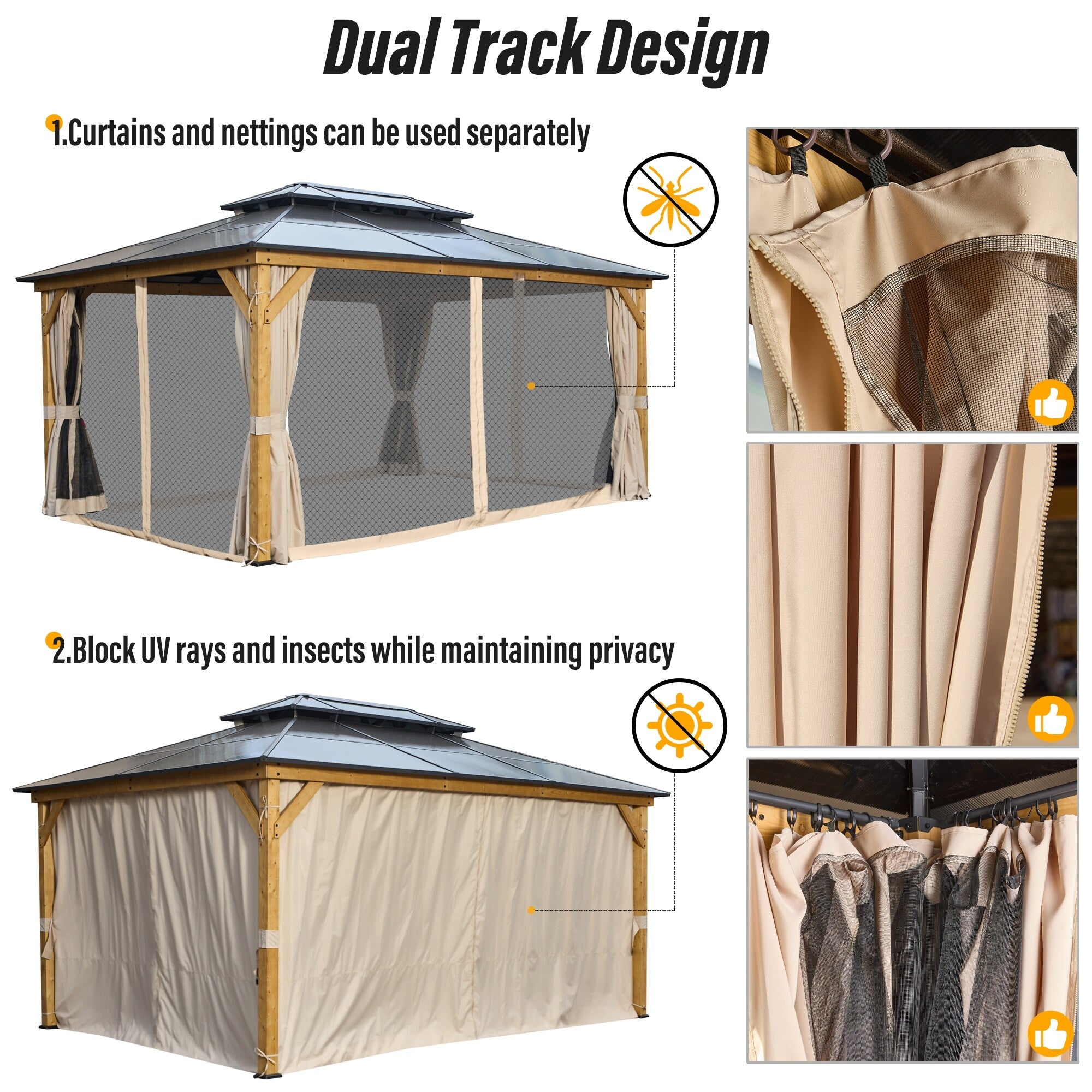Gazebo à toit rigide EROMMY, pergola d'extérieur avec double toit, filet et rideaux, auvent robuste pour patio, arrière-cour, fête au bord de la piscine