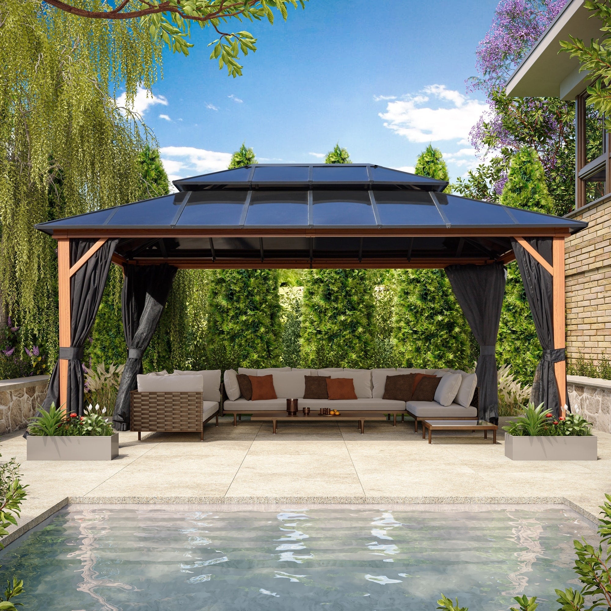 Gazebo à toit rigide EROMMY, pergola d'extérieur avec double toit, filet et rideaux, auvent robuste pour patio, arrière-cour, fête au bord de la piscine