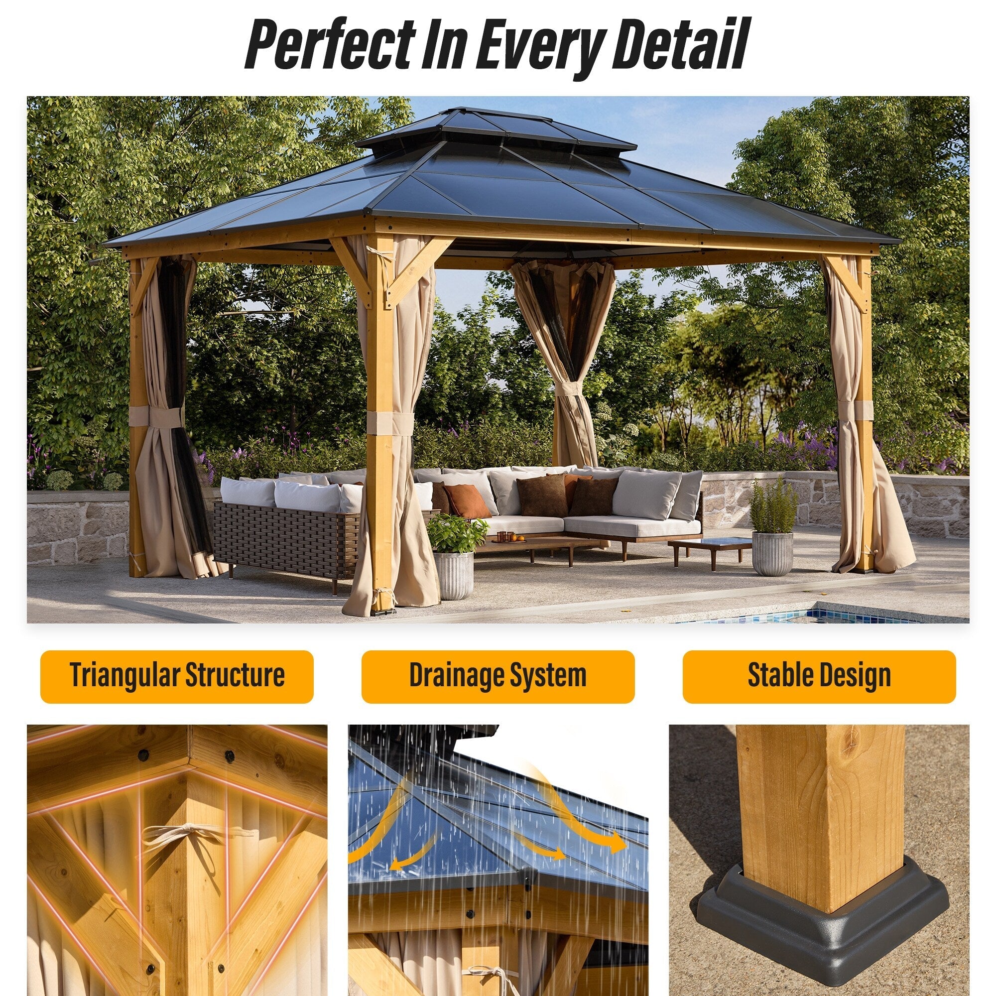 Gazebo à toit rigide EROMMY, pergola d'extérieur avec double toit, filet et rideaux, auvent robuste pour patio, arrière-cour, fête au bord de la piscine