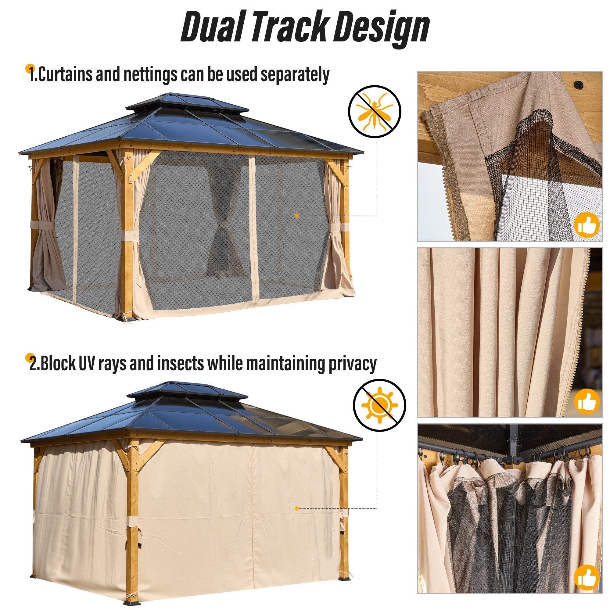 Gazebo à toit rigide EROMMY, pergola d'extérieur avec double toit, filet et rideaux, auvent robuste pour patio, arrière-cour, fête au bord de la piscine