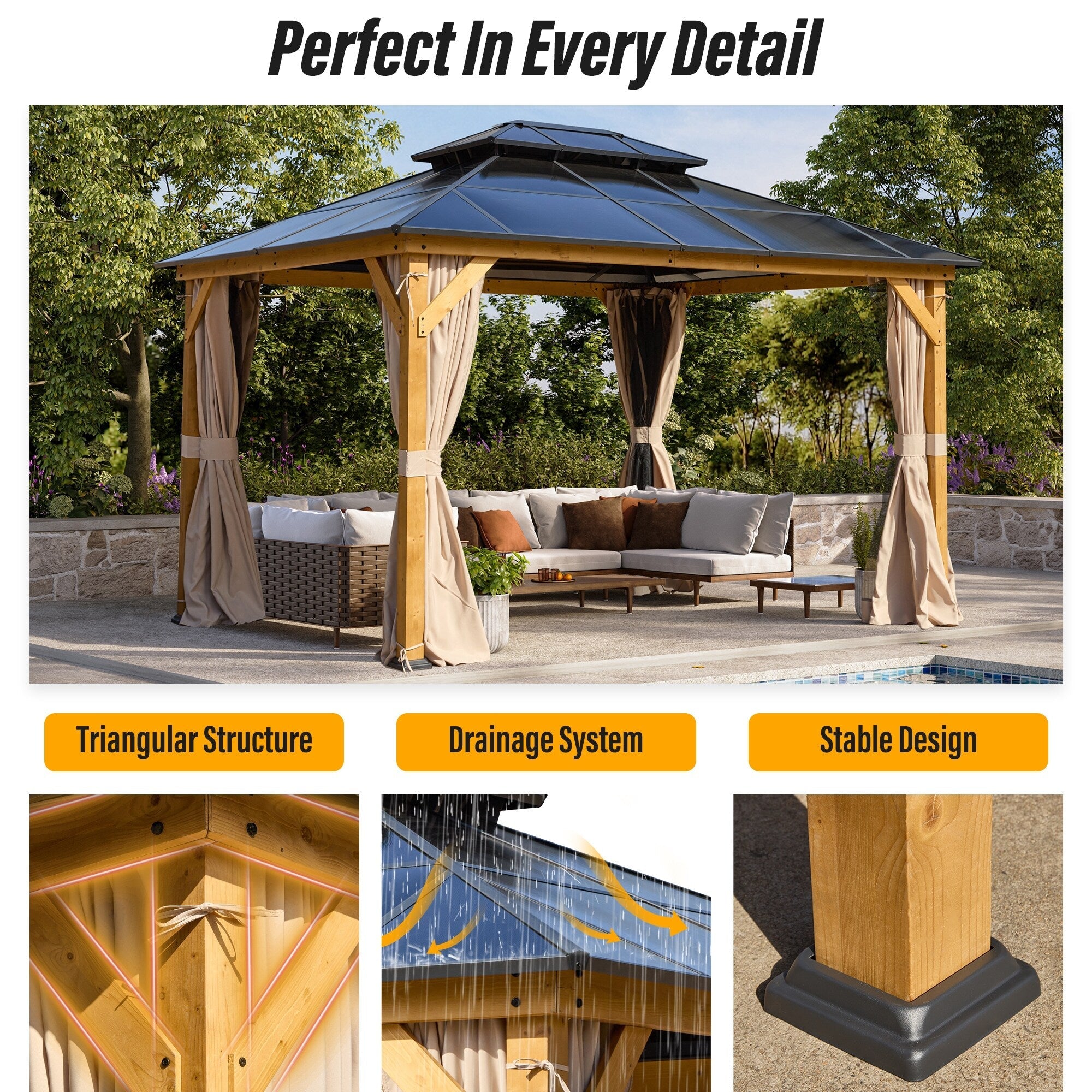 Gazebo à toit rigide EROMMY, pergola d'extérieur avec double toit, filet et rideaux, auvent robuste pour patio, arrière-cour, fête au bord de la piscine