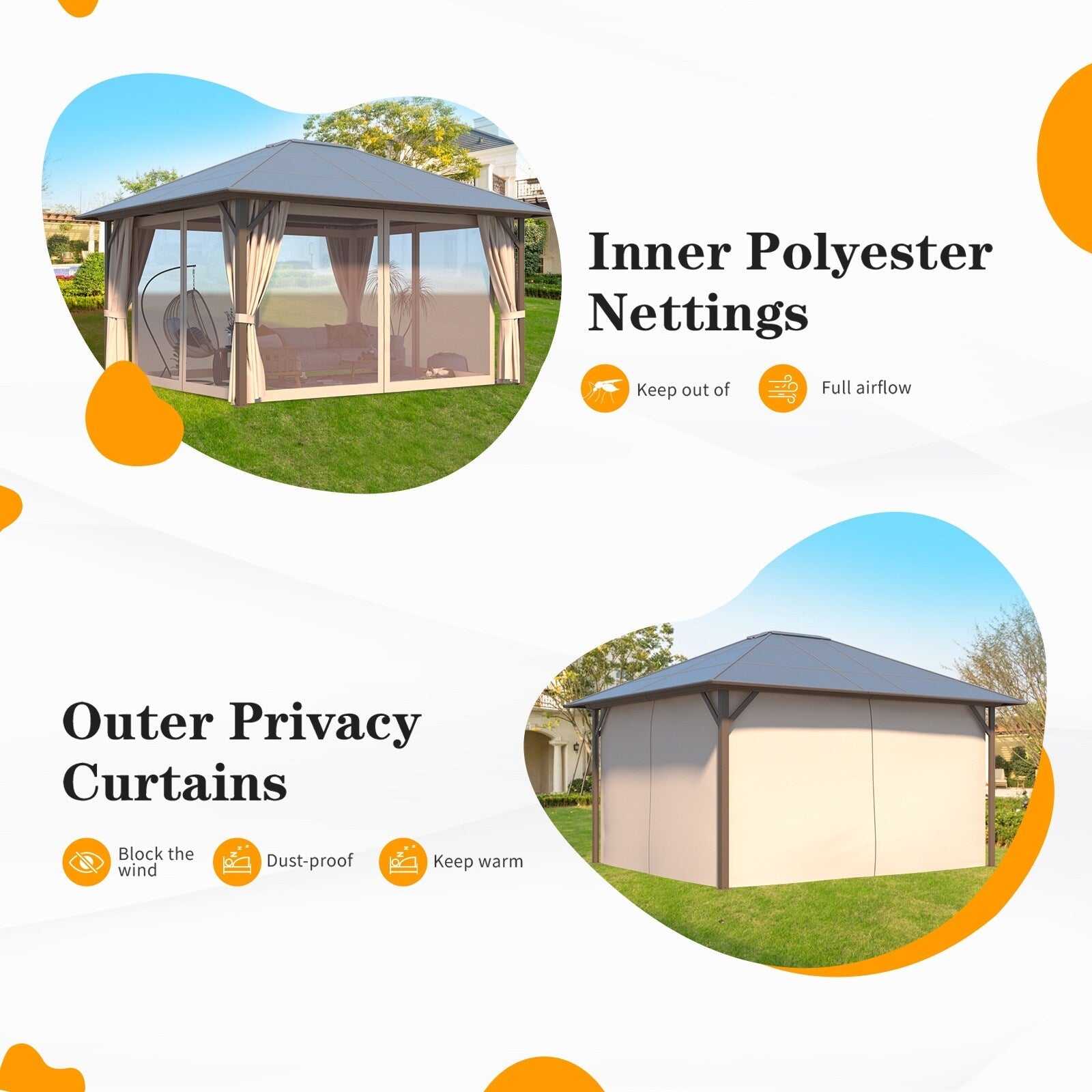Gazebo à toit rigide EROMMY, pergola d'extérieur avec double toit, filet et rideaux, auvent robuste pour patio, arrière-cour, fête au bord de la piscine