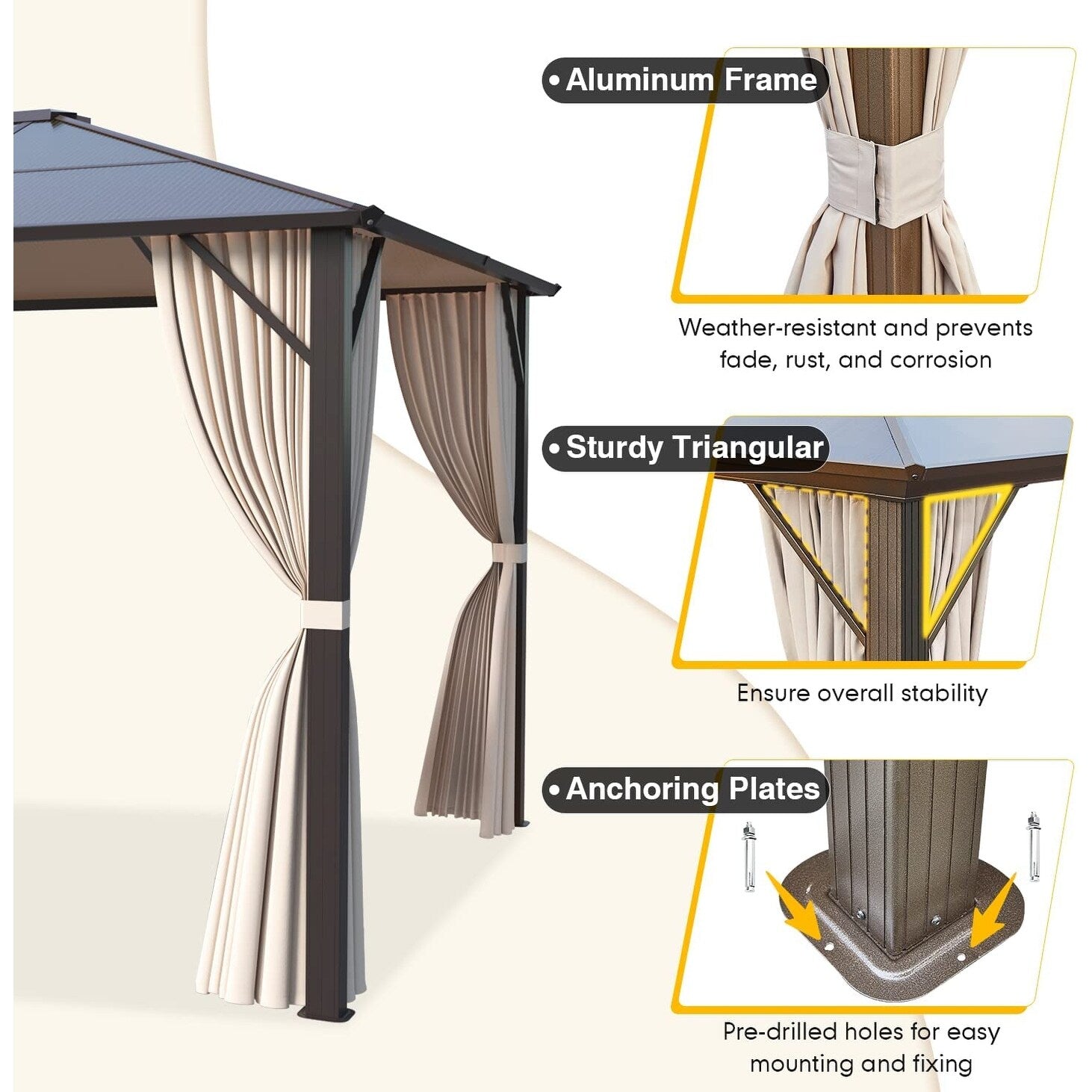 Gazebo à toit rigide EROMMY, pergola d'extérieur avec double toit, filet et rideaux, auvent robuste pour patio, arrière-cour, fête au bord de la piscine