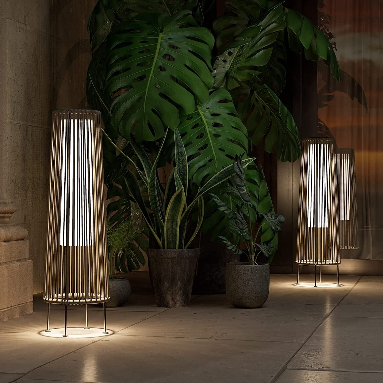 Lot de 2 lampes solaires d'extérieur en osier, résistantes aux intempéries, idéales pour terrasse, porche, cour ou jardin.