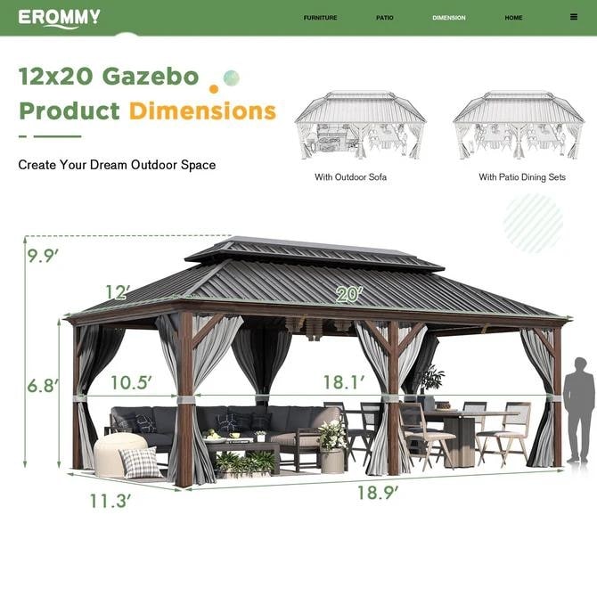 Tonnelle d'extérieur à toit rigide avec double toit en acier galvanisé et cadre en aluminium, pergola extérieure avec rideaux et filets haut de gamme